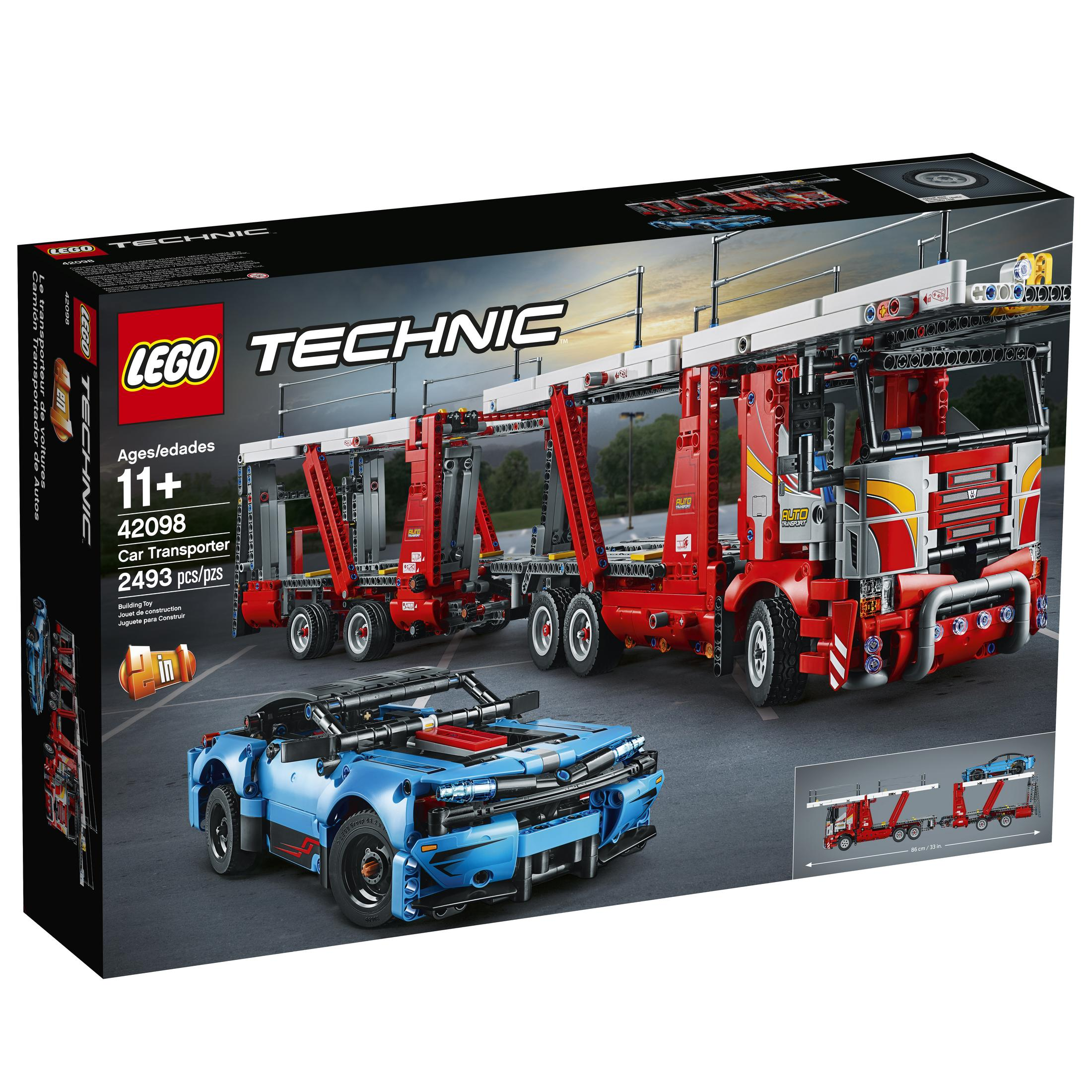 Zestaw pudełkowy Lego Technic Car Transporter. Pudełko przedstawia samochód na ciężarówce. Zestaw zawiera niebieski samochód sportowy.