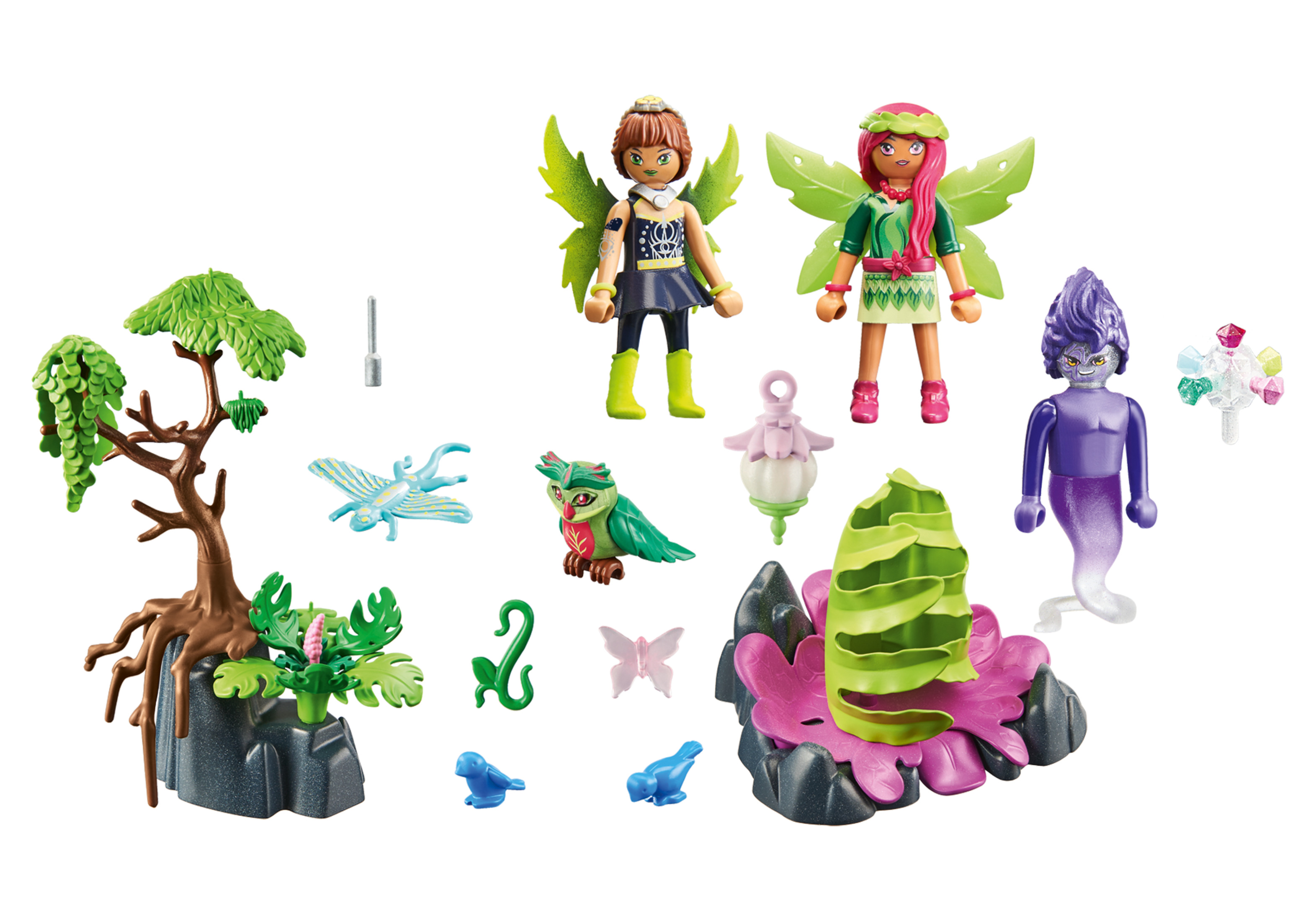 Playmobil-Set mit Feen, einem Feenhaus und verschiedenen Accessoires.