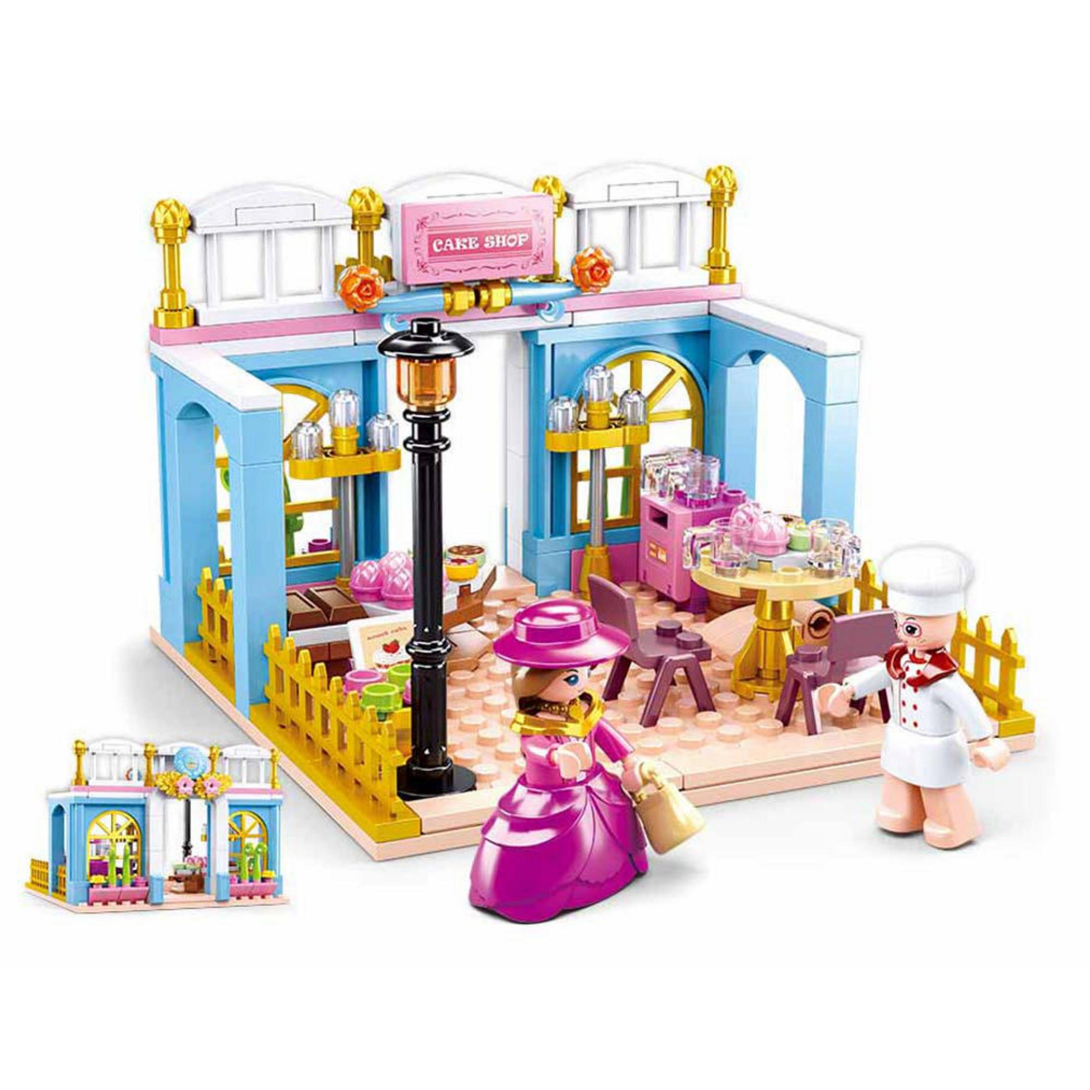 Ein Lego-Set mit einer Konditorei-Szene. Es gibt ein Geschäft, eine Frau und einen Koch. Eine kleine Version ist daneben.
