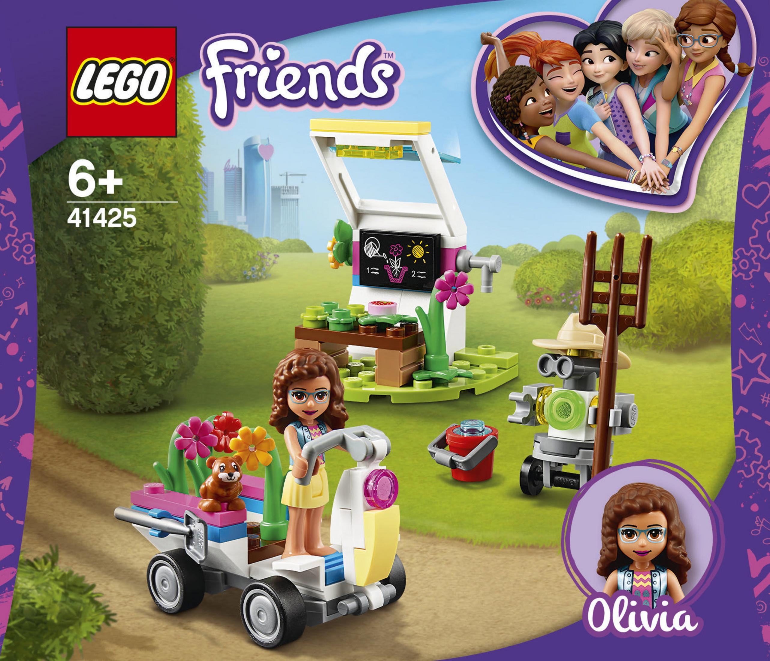 Set Lego Friends con una ragazza su uno scooter, un robot e un carretto di fiori. Giornata di sole.