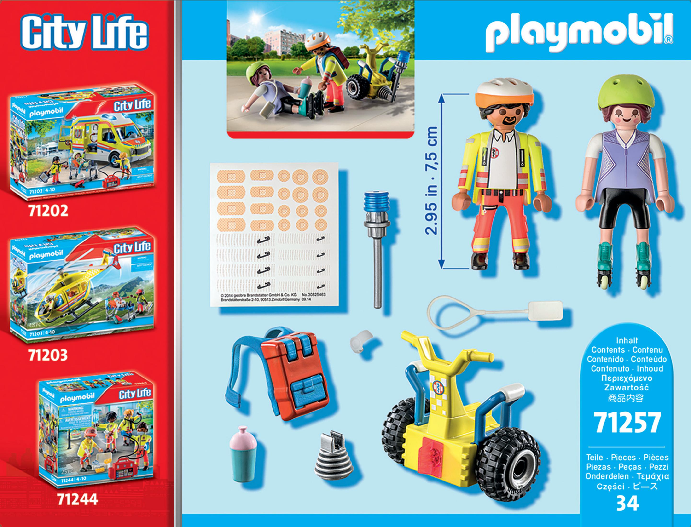 Playmobil-Set mit Notfallpersonal. Enthält Krankenwagen, Figuren und Zubehör.