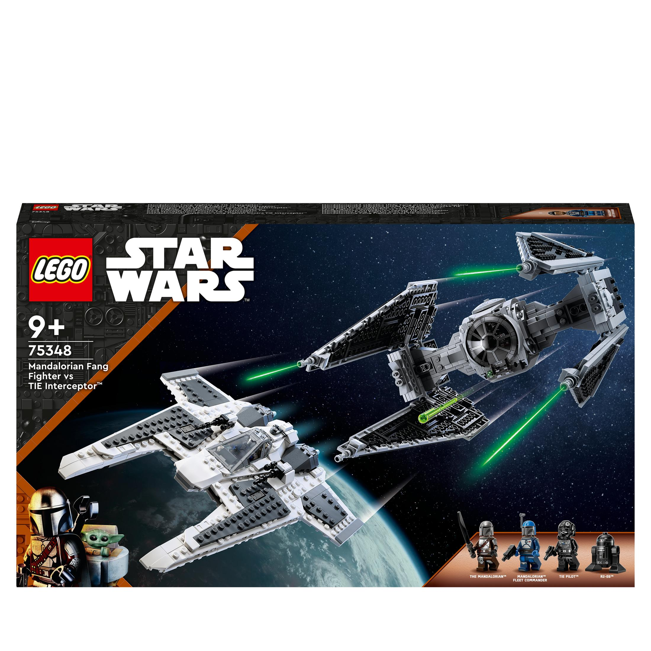 Pudełko zestawu Lego Star Wars. Zawiera dwa statki kosmiczne i różnorodne figurki Lego. Tłem jest kosmos.
