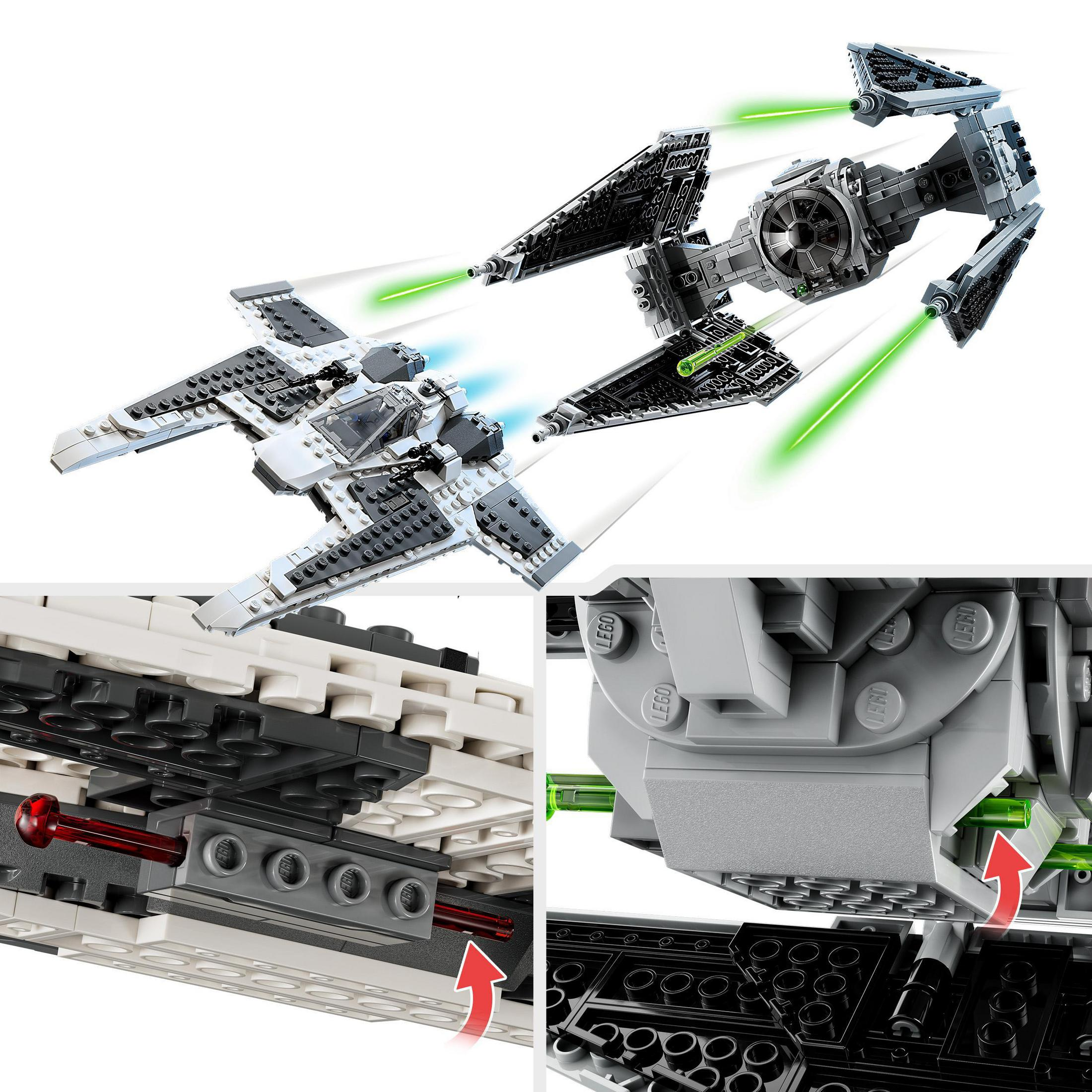 Myśliwce TIE Lego Star Wars w akcji z zielonymi laserami na białym tle, szczegółowe widoki.