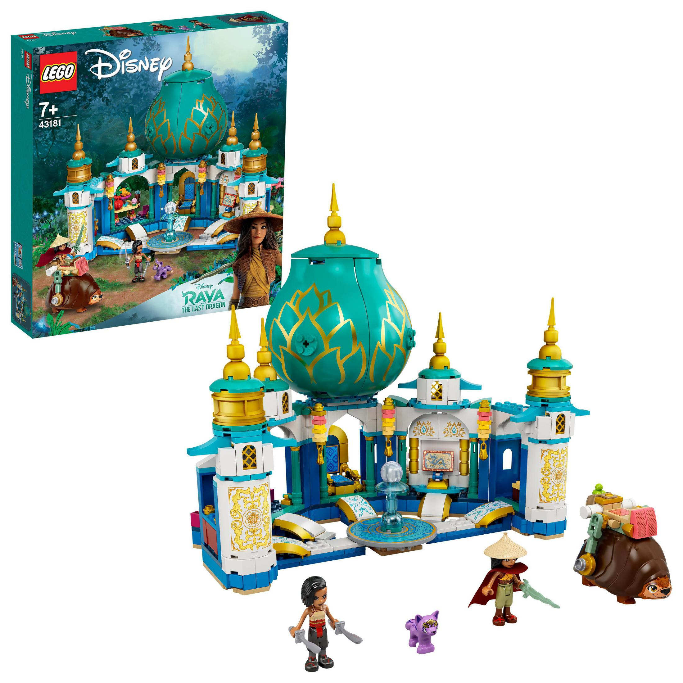 Zestaw Lego zamku Disney Raya z postaciami i akcesoriami.