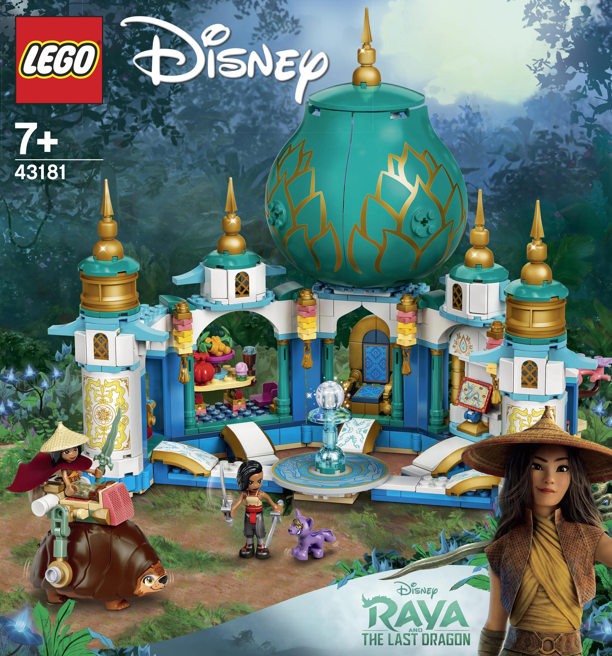 Zestaw LEGO Disney: budynek pałacu w kolorze turkusu i złota z postaciami z filmu Raya.
