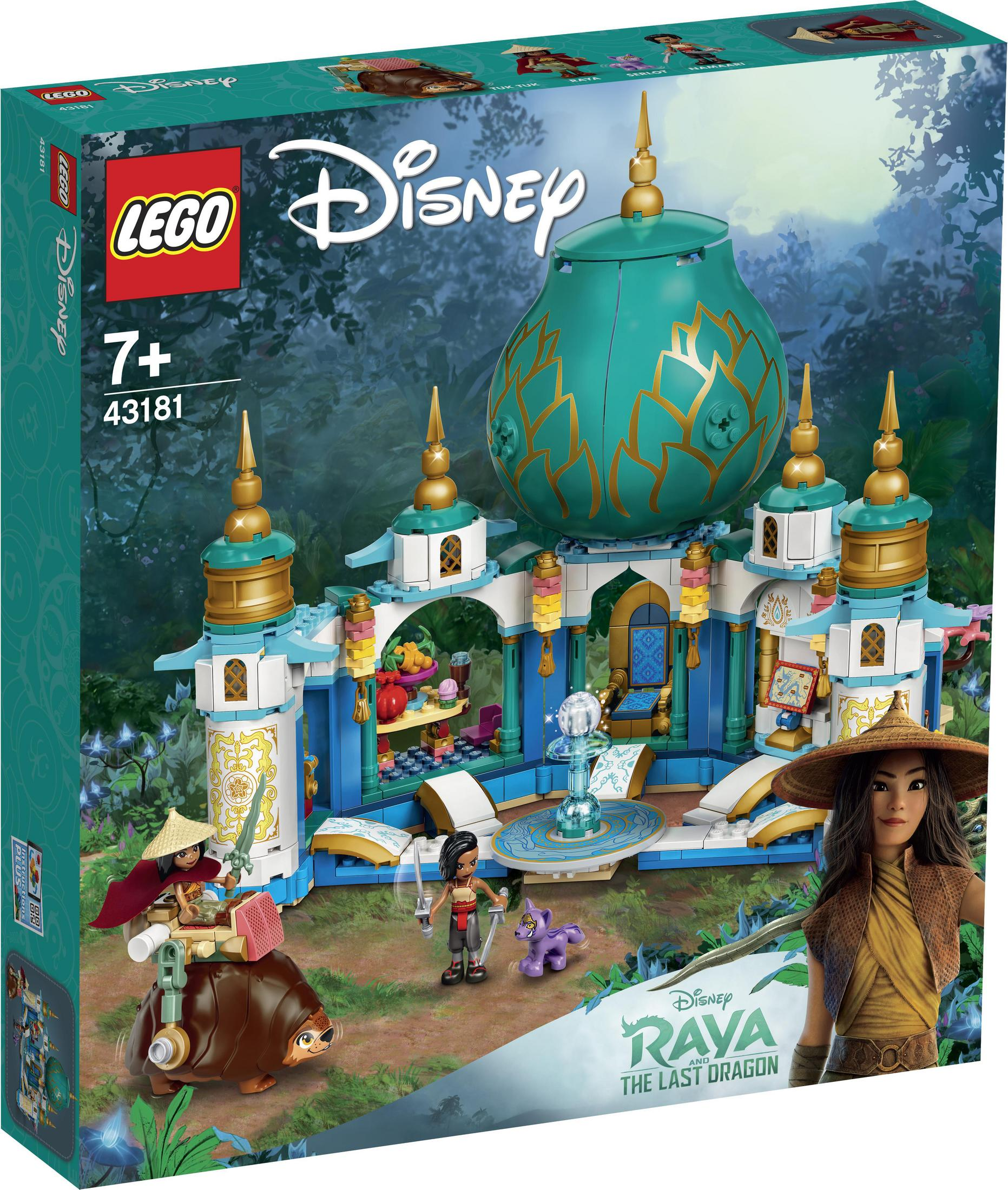 Pudełko z zestawem LEGO Disney przedstawiające scenę zamkową z Raya i Ostatni Smok. Widoczne postacie i logo.