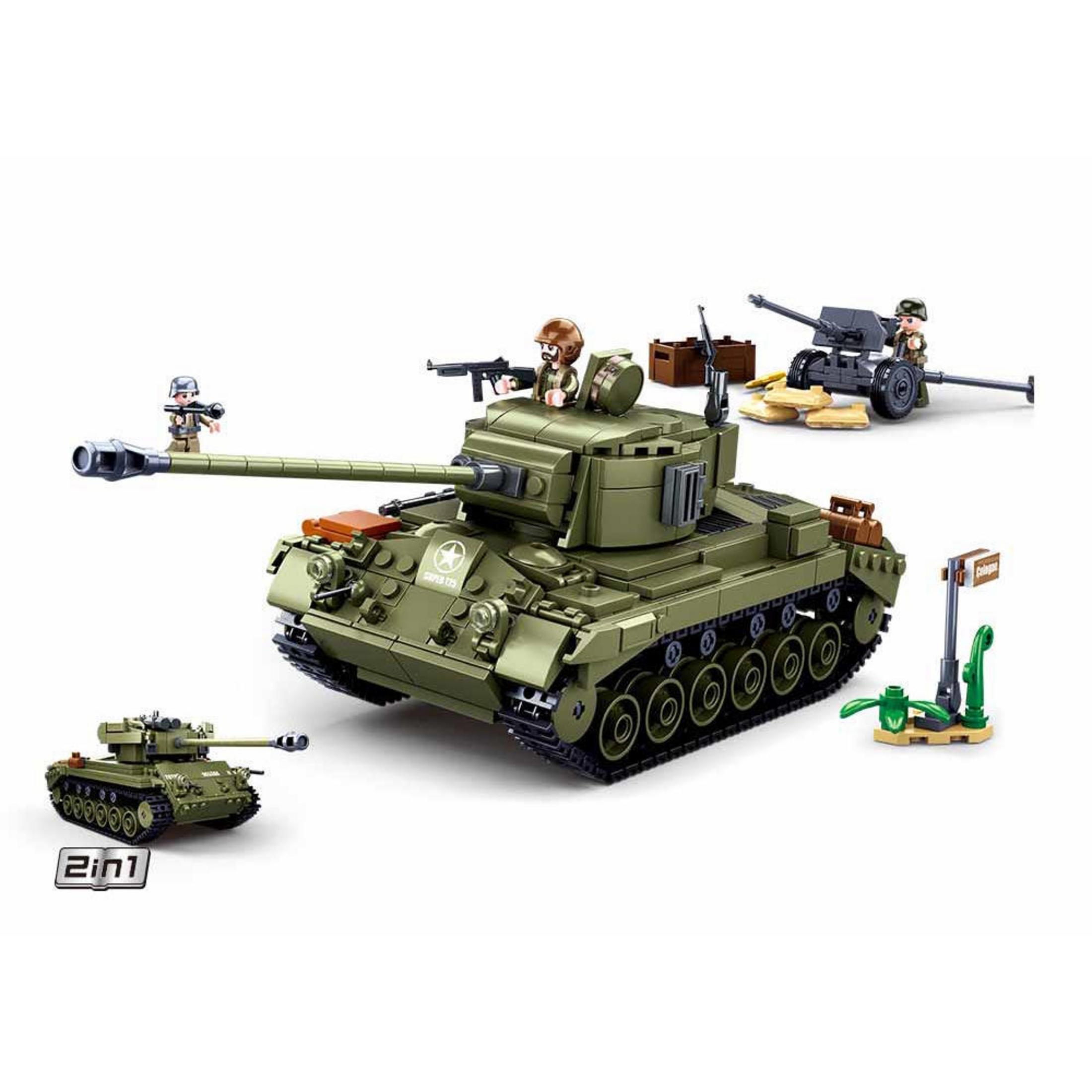 Ein Militärpanzer-Spielzeug. Enthält einen kleinen Panzer, Soldatenfiguren und andere militärische Ausrüstung.