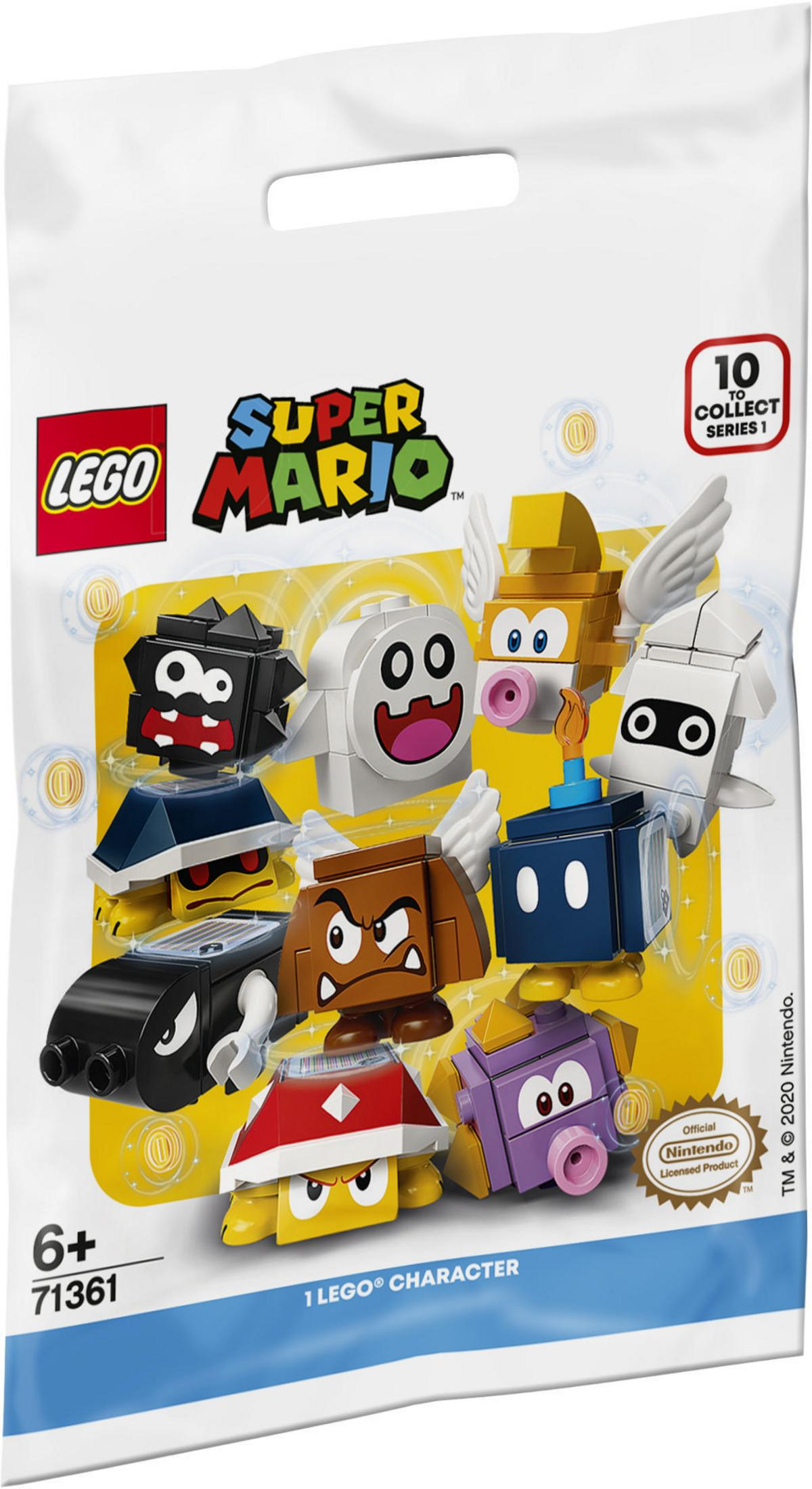 Busta cieca Lego Super Mario. La busta mostra vari personaggi di Mario. La busta è bianca con immagini colorate.