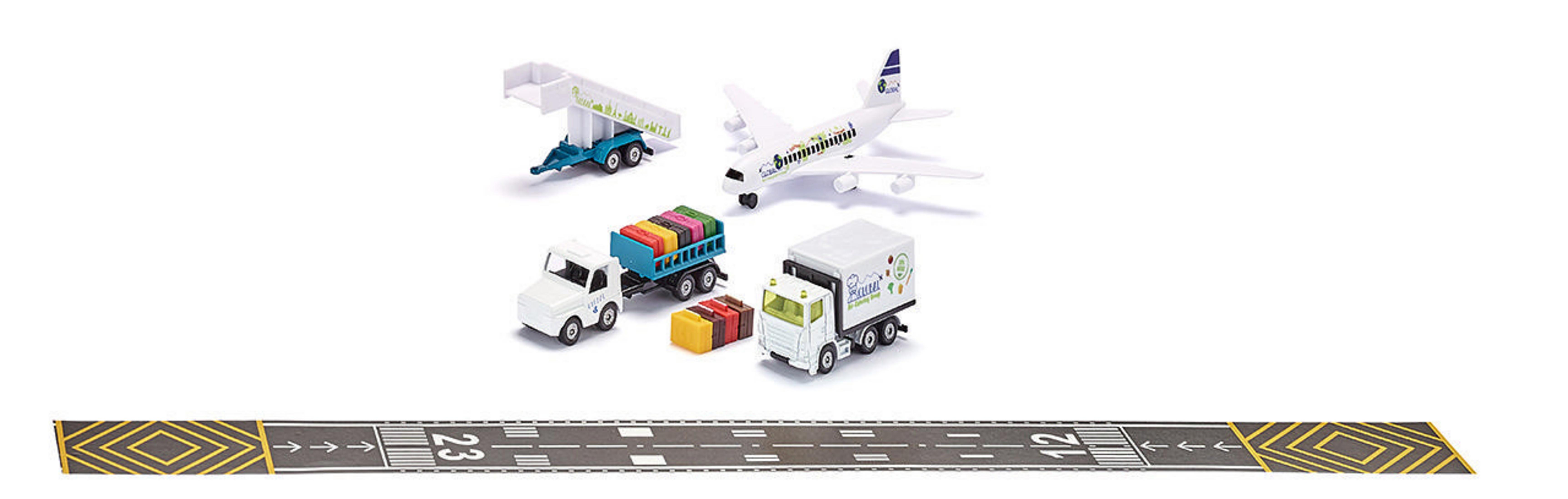 Spielzeug-Flughafenszene mit Flugzeug, LKW und einer Startbahn.