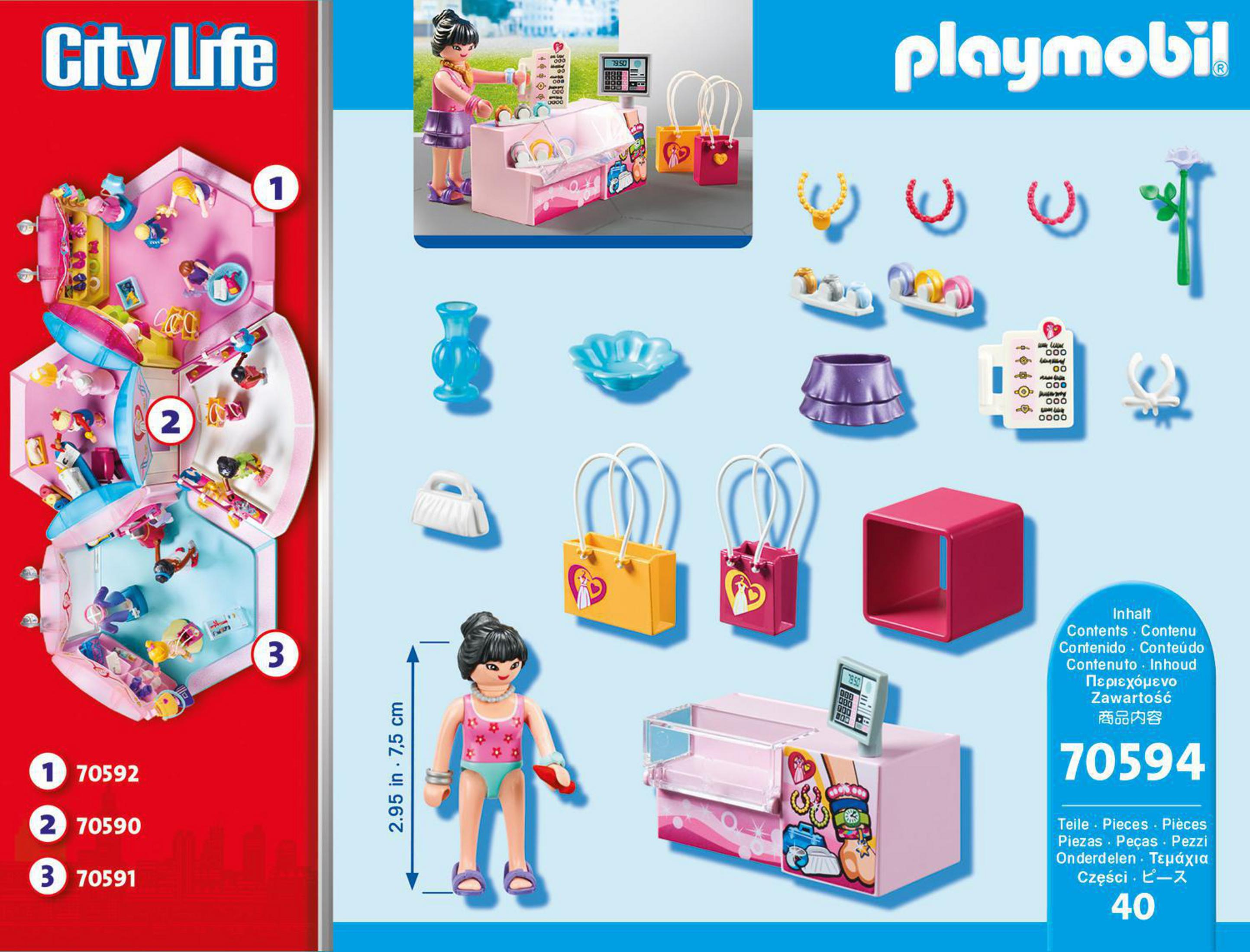 Ein Playmobil City Life Set mit einem Geschäft, Zubehör und einer Puppe. Verschiedene Artikel werden gezeigt.