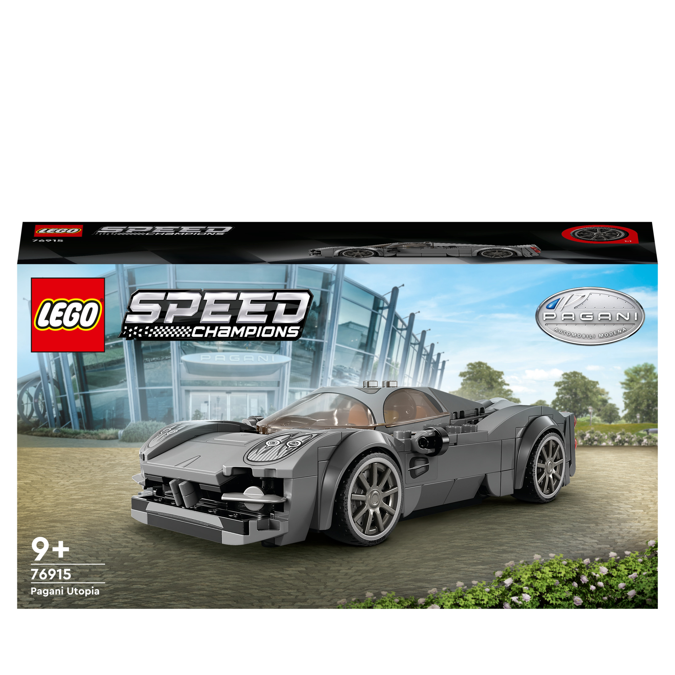 Ensemble de voitures Lego Speed Champions Pagani Utopia dans une boîte avec un modèle de voiture sur fond blanc.