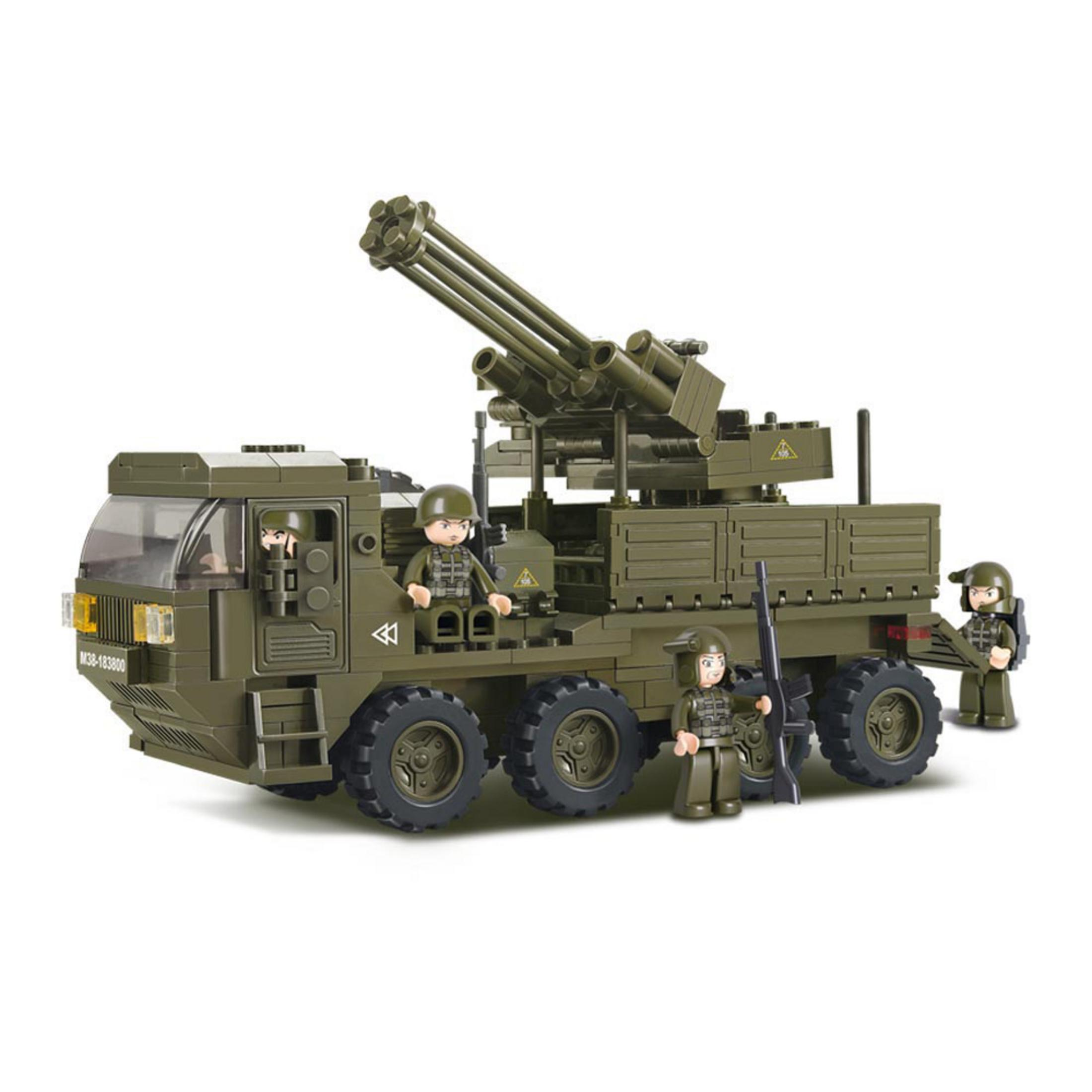 Ein grüner Militär-LKW mit Spielzeugsoldaten und einer großen Kanone.