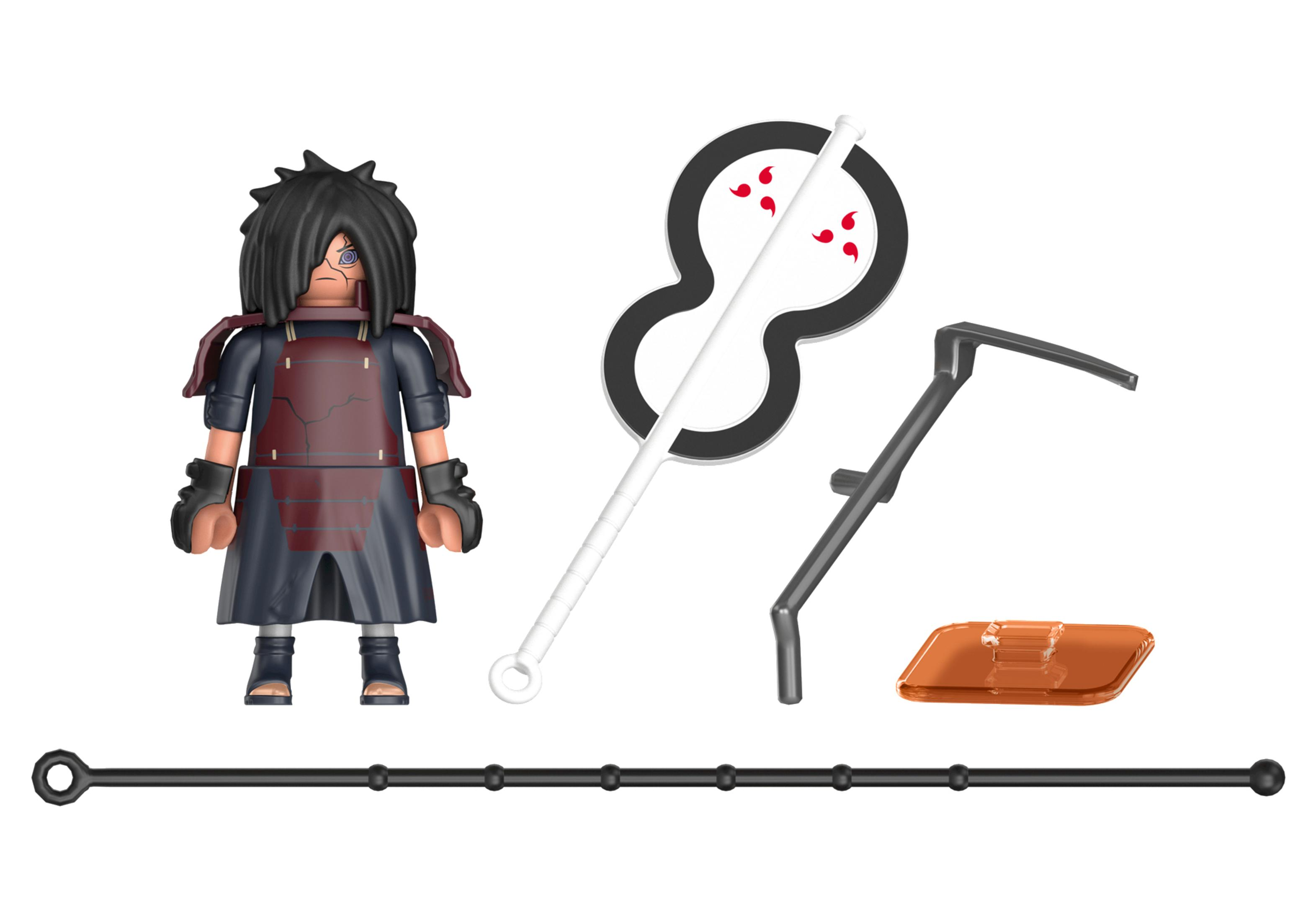 Spielfigur einer Figur mit Zubehör, darunter Stab, Fächer und Waffe.