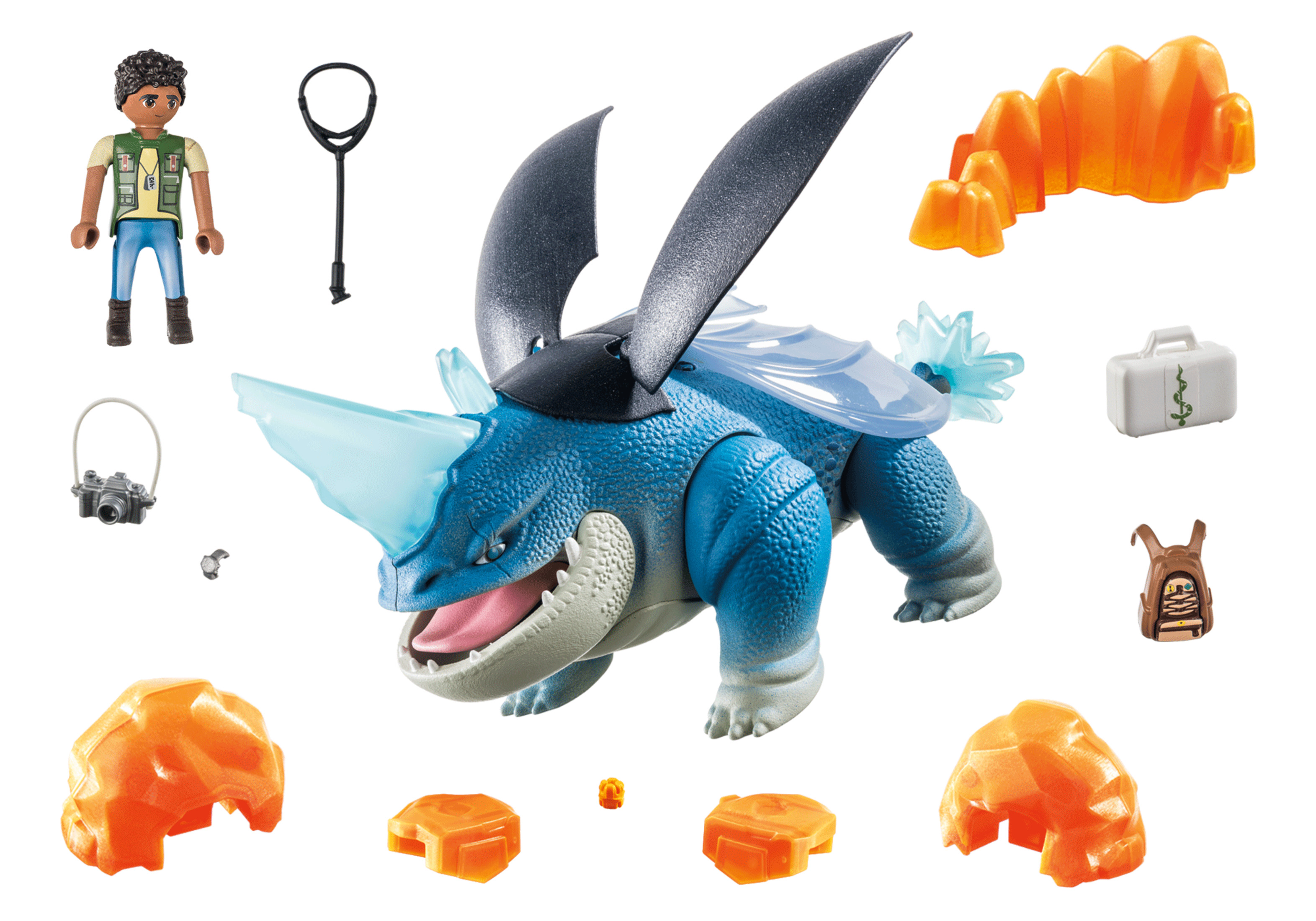 Playmobil-Set mit blauem Drachen, Figur, Zubehör und orangefarbenen Felsformationen auf weißem Hintergrund.