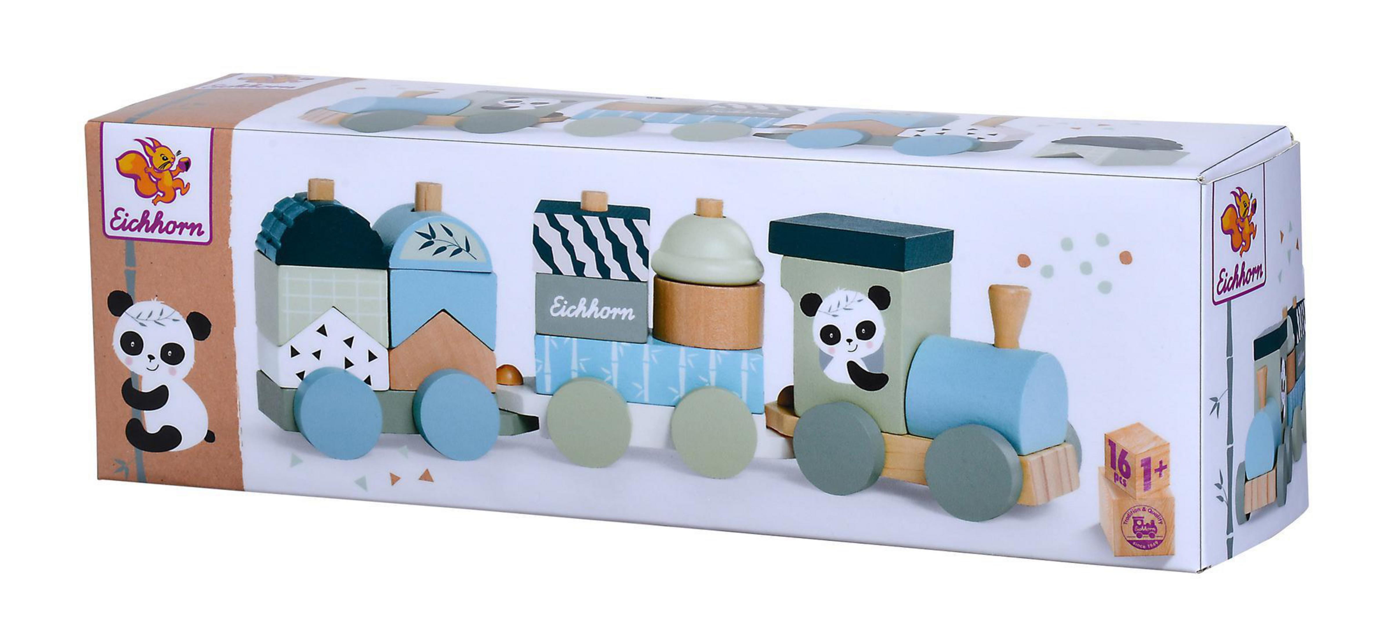 Ein Spielzeugzug-Set in einer Box. Der Zug hat Panda-Designs und bunte Holzblöcke.