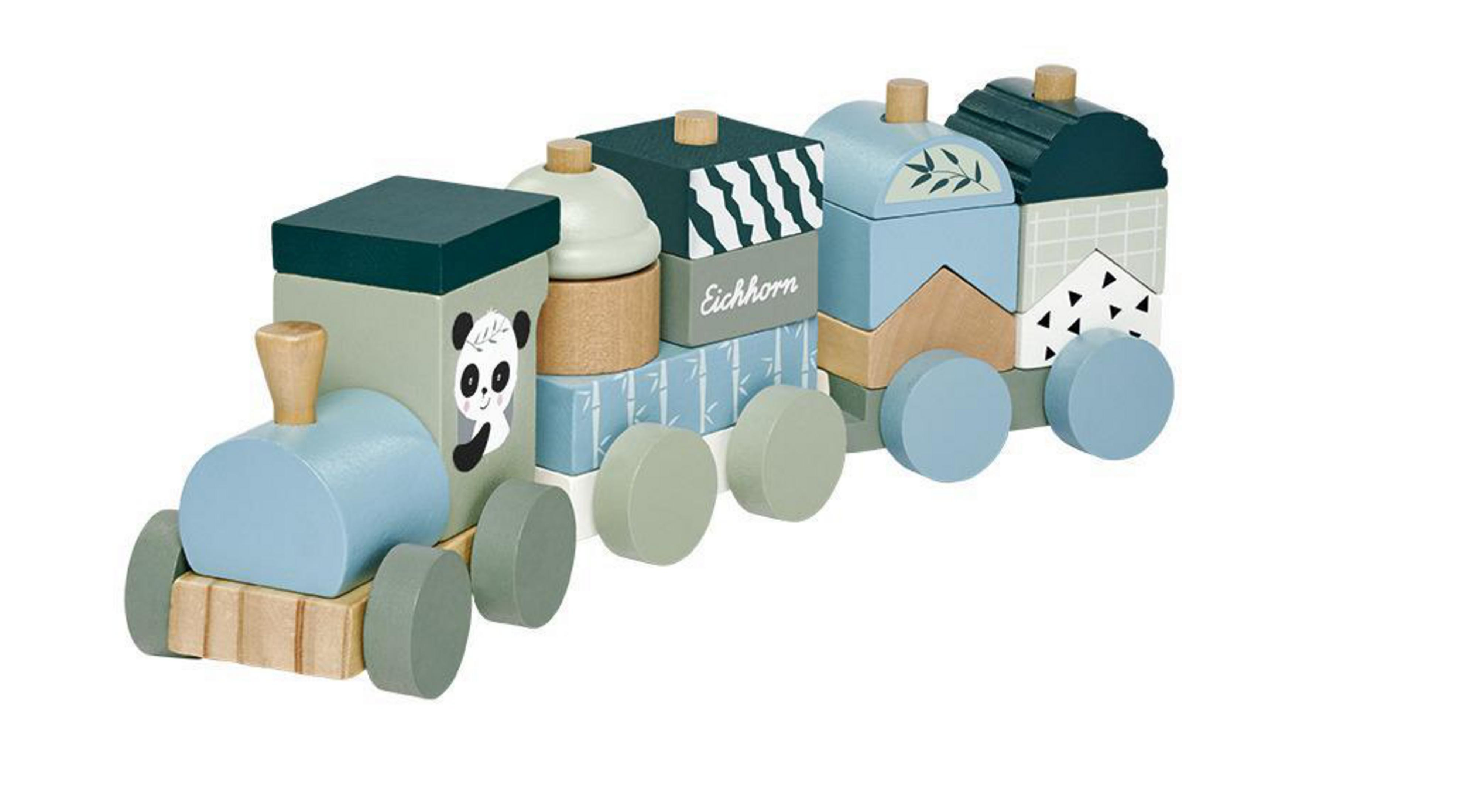 Holzspielzeugzug mit Panda, verschiedenen Formen und Farben, vor weißem Hintergrund. Niedlich und farbenfroh.