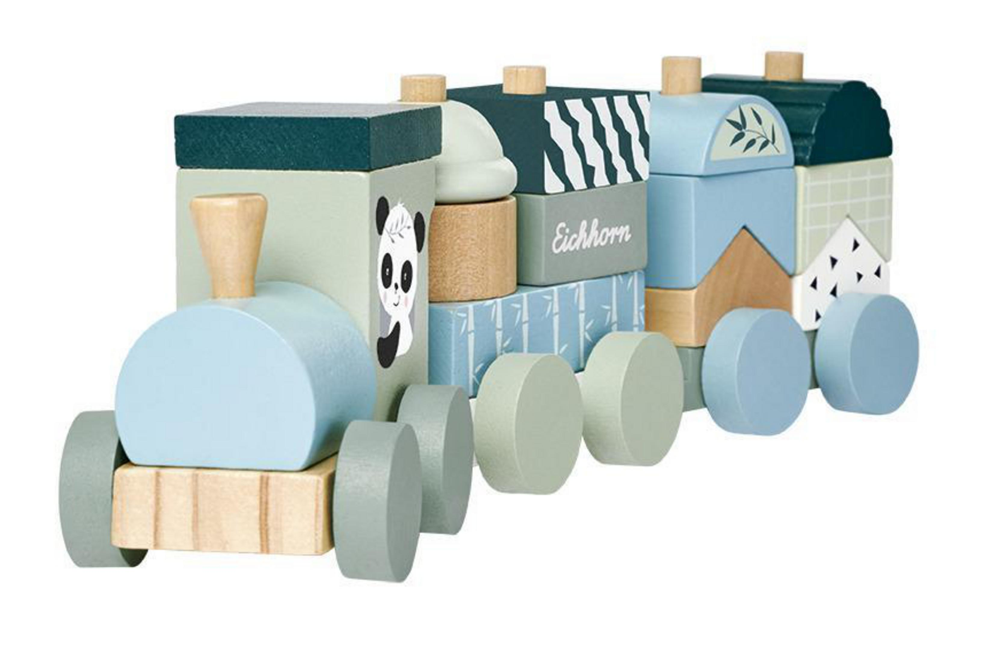 Ein Holzspielzeugzug mit Pastellfarben. Er hat einen Panda, einen Holz-Waggon und einen blauen Motor.