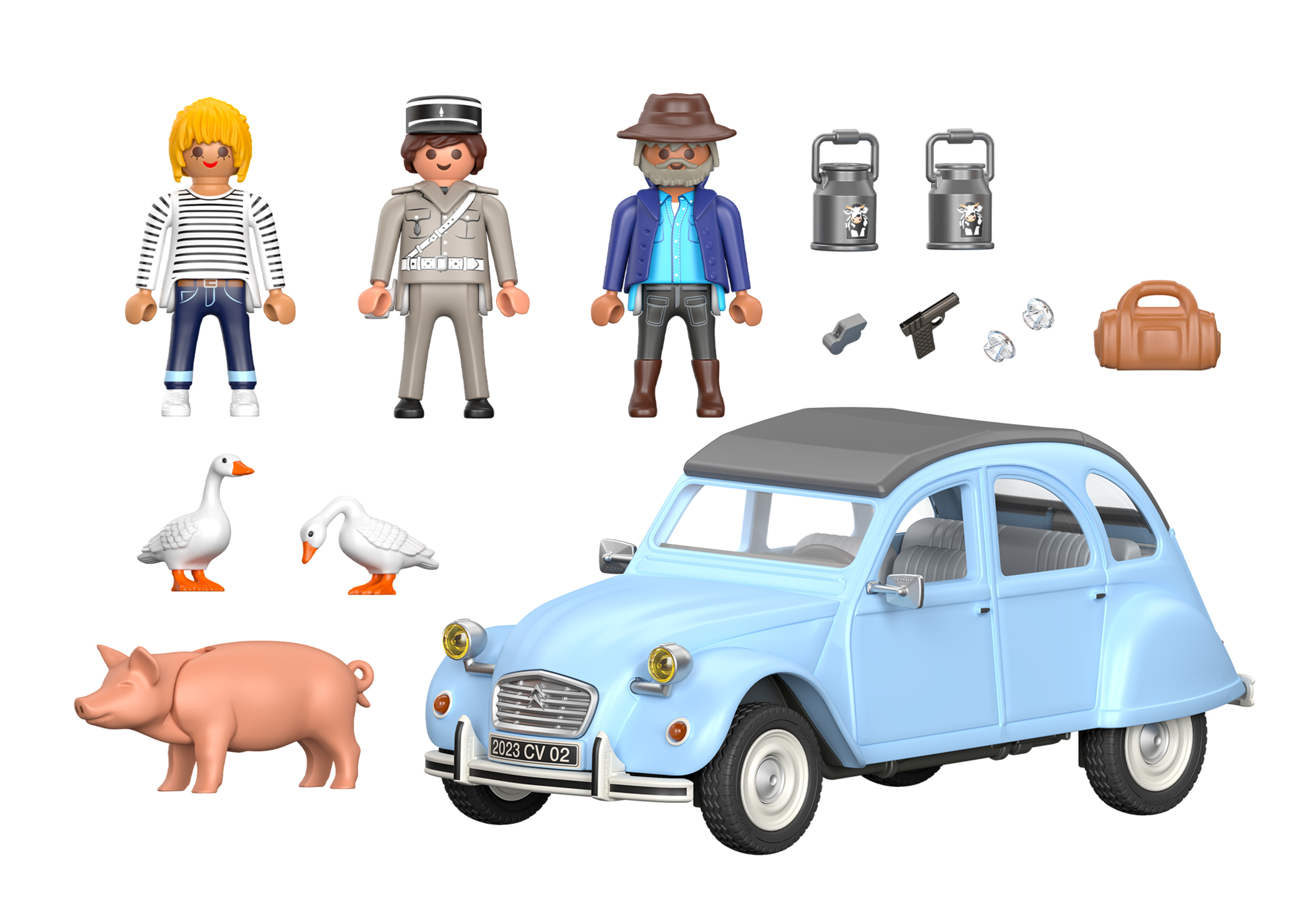 Un set Playmobil con personaggi, un'auto blu e accessori su sfondo bianco.