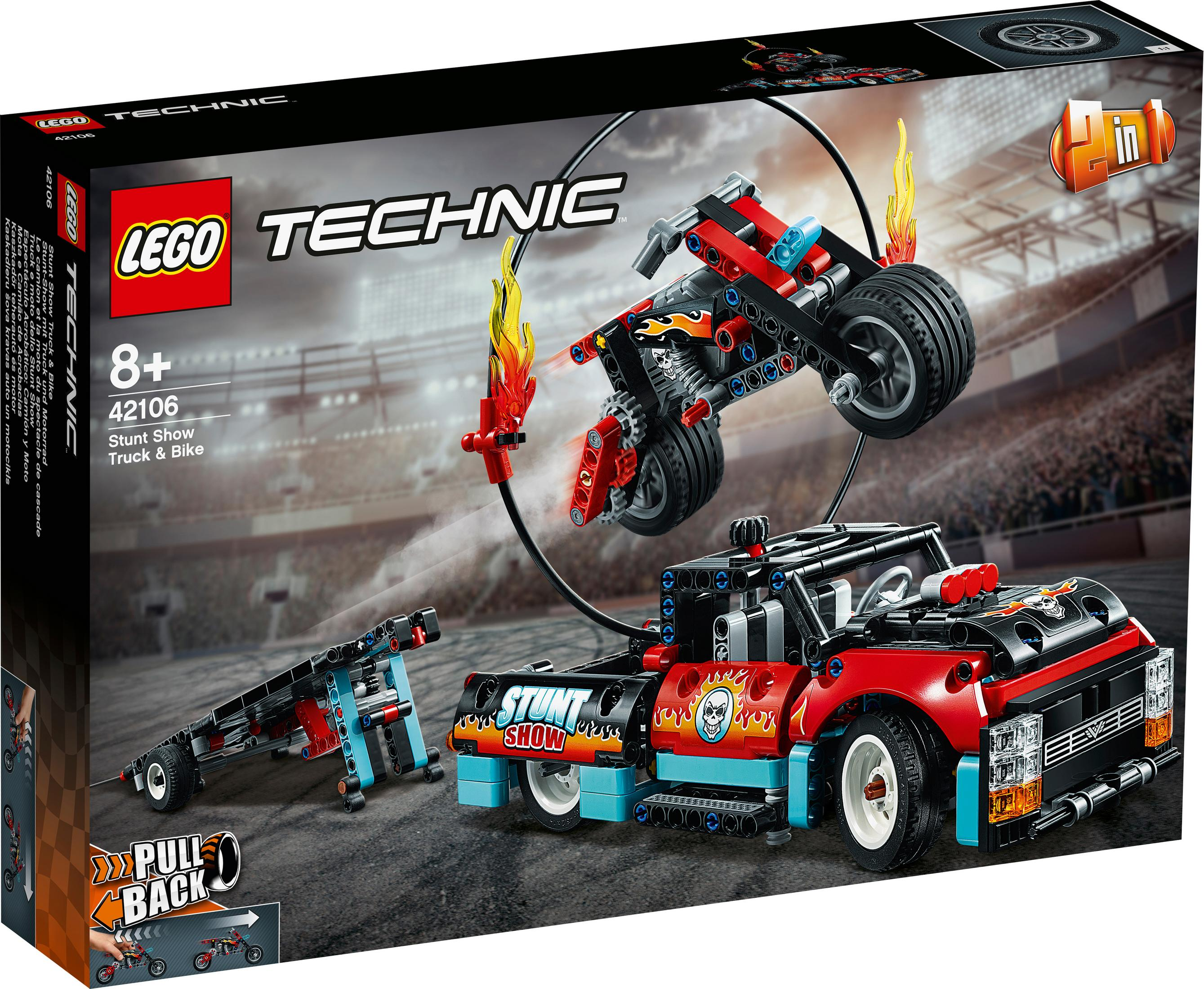 Lego Technic Box: Roter LKW und Motorrad, Flammen und ein Stuntring. Enthält die Nummer 42106.