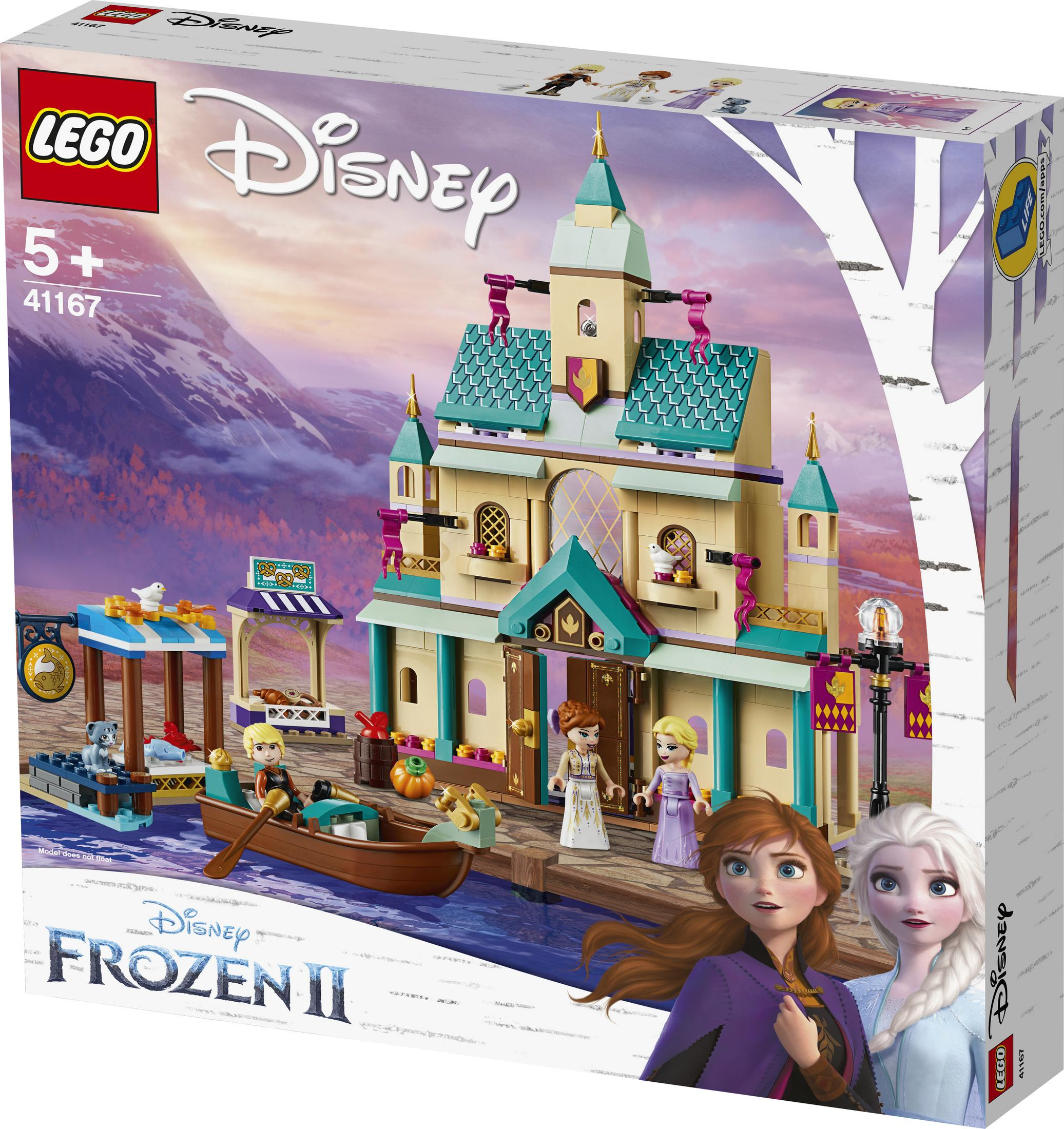 Una scatola del set LEGO Disney Frozen II con una scena del castello. I personaggi Anna ed Elsa sono in primo piano.