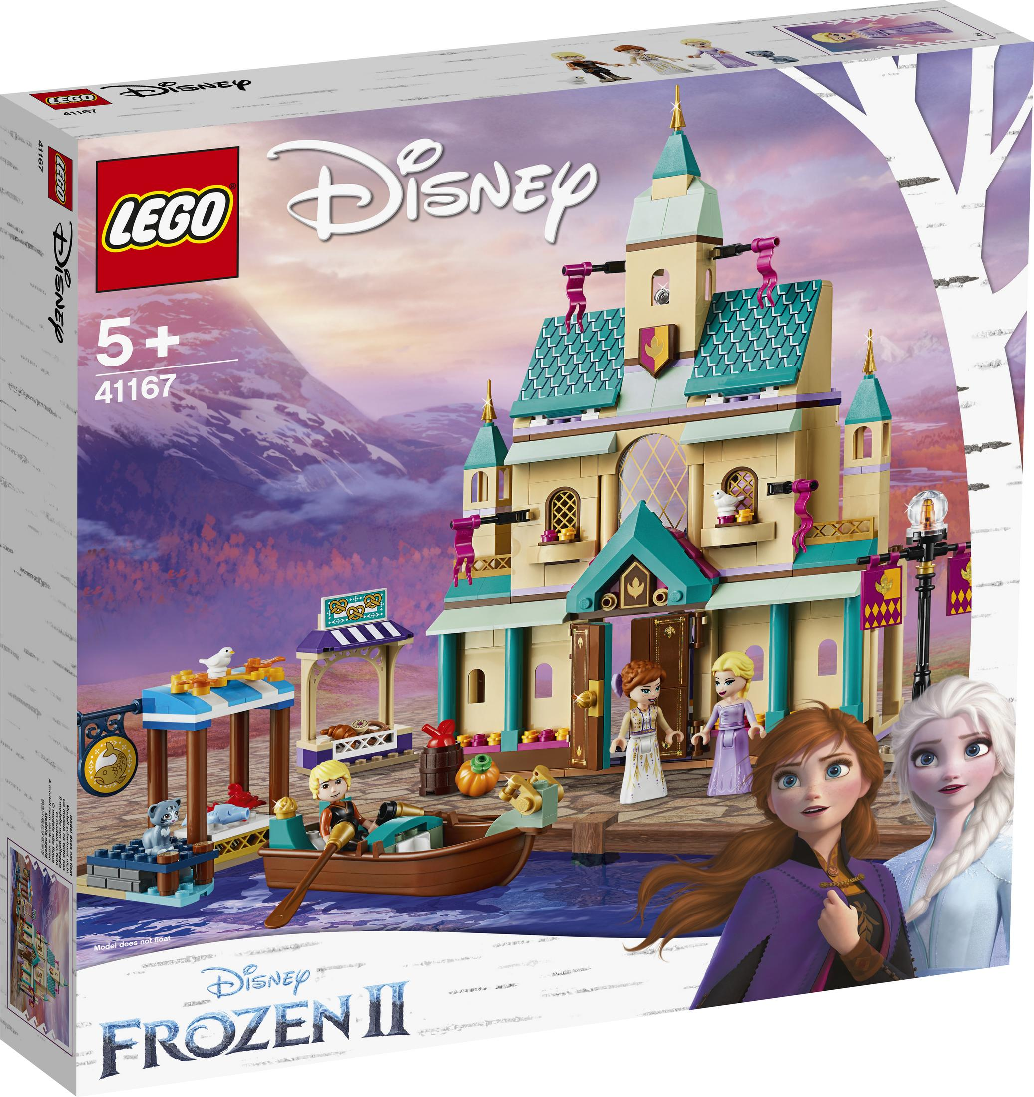 Una scatola LEGO di un castello Disney Frozen II. Anna, Elsa e Olaf sono mostrati nel set.