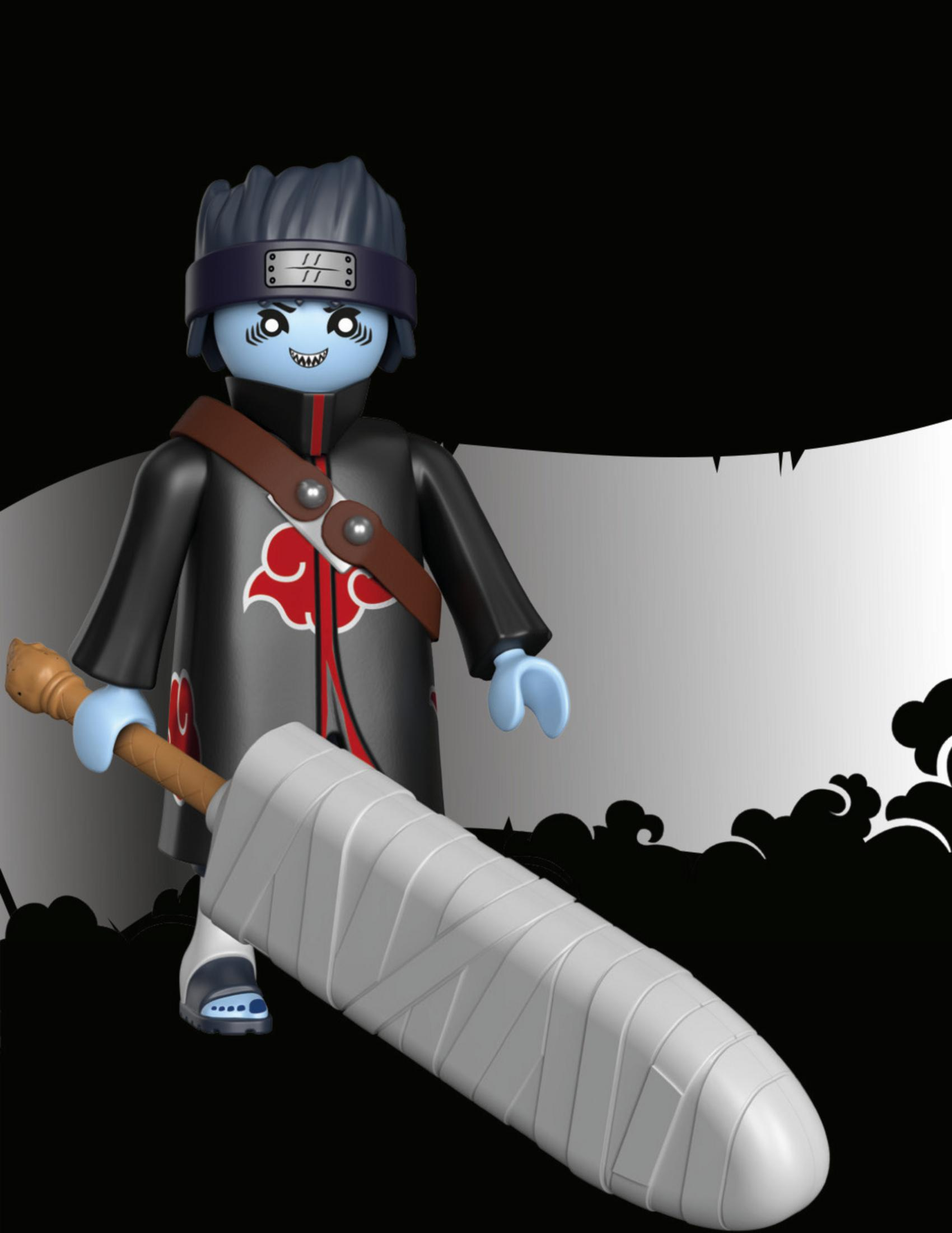 Playmobil-Figur eines blauhäutigen Bösewichts mit großem, umwickeltem Schwert, auf schwarz-weißem Hintergrund.