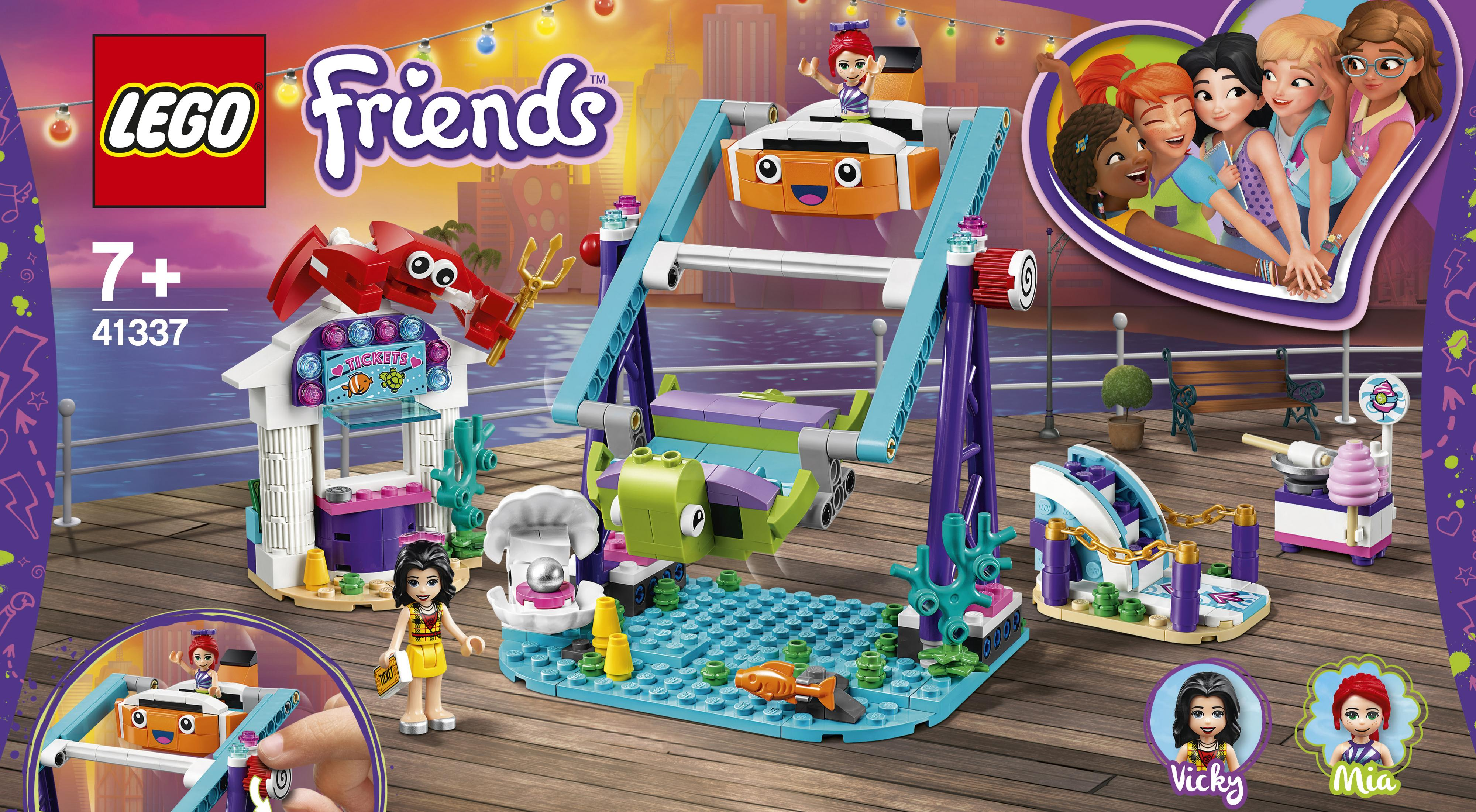 Ein Lego Friends Set Karton mit einer bunten Pier-Szene und mehreren Mini-Figuren.