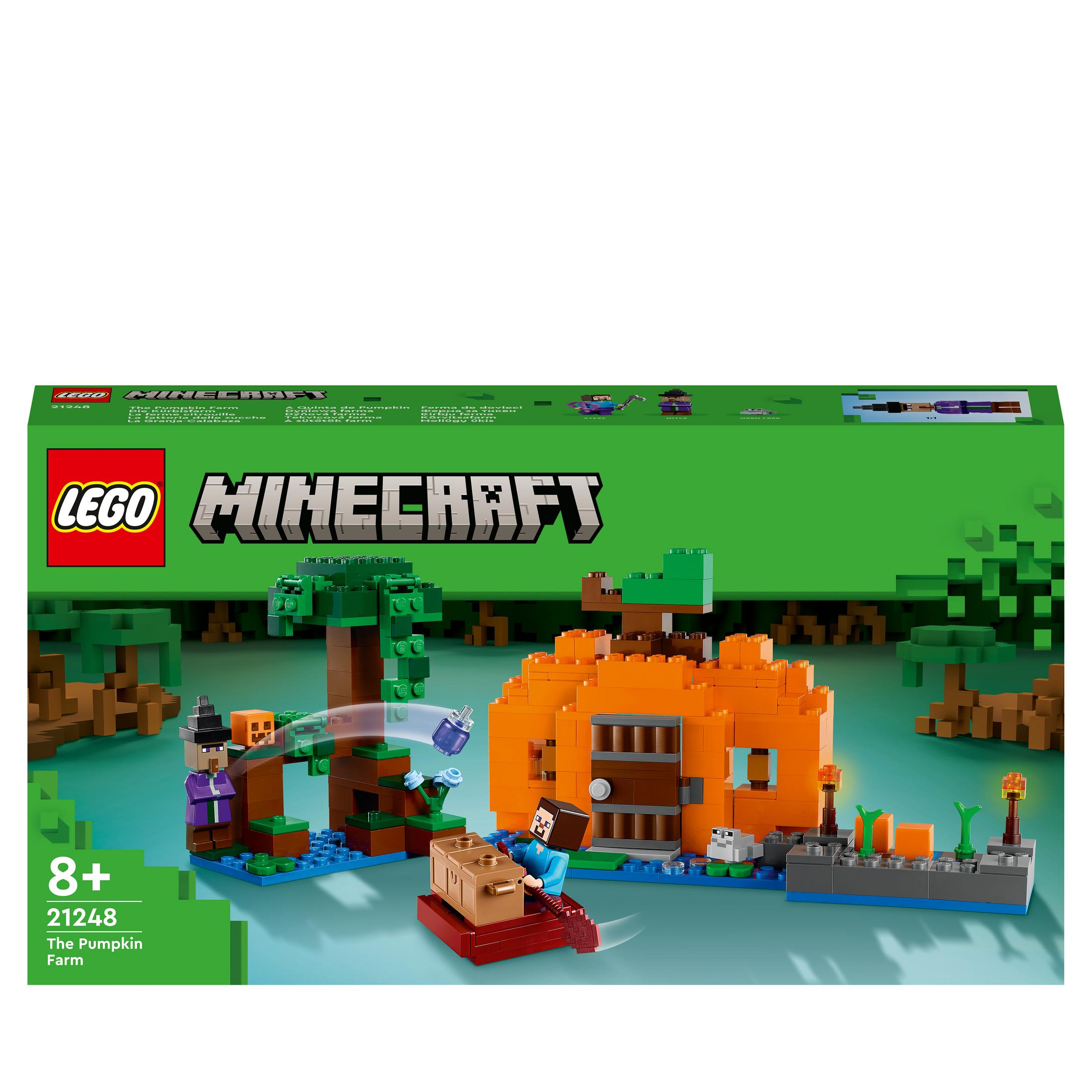 LEGO Minecraft set: een pompoenboerderij met figuren, pompoenen en bomen op groene achtergrond.