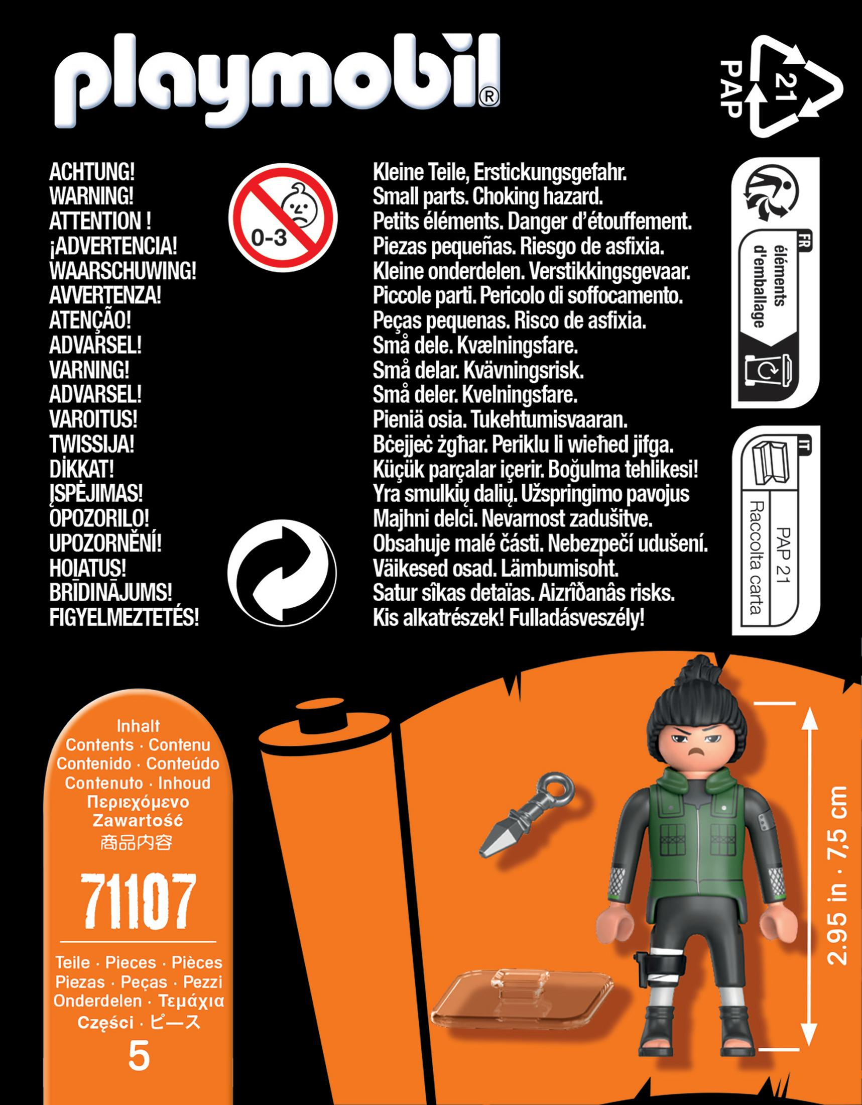 Playmobil-Boxrückseite mit Kleinteile-Warnung, Ninja-Figur und Zubehör.