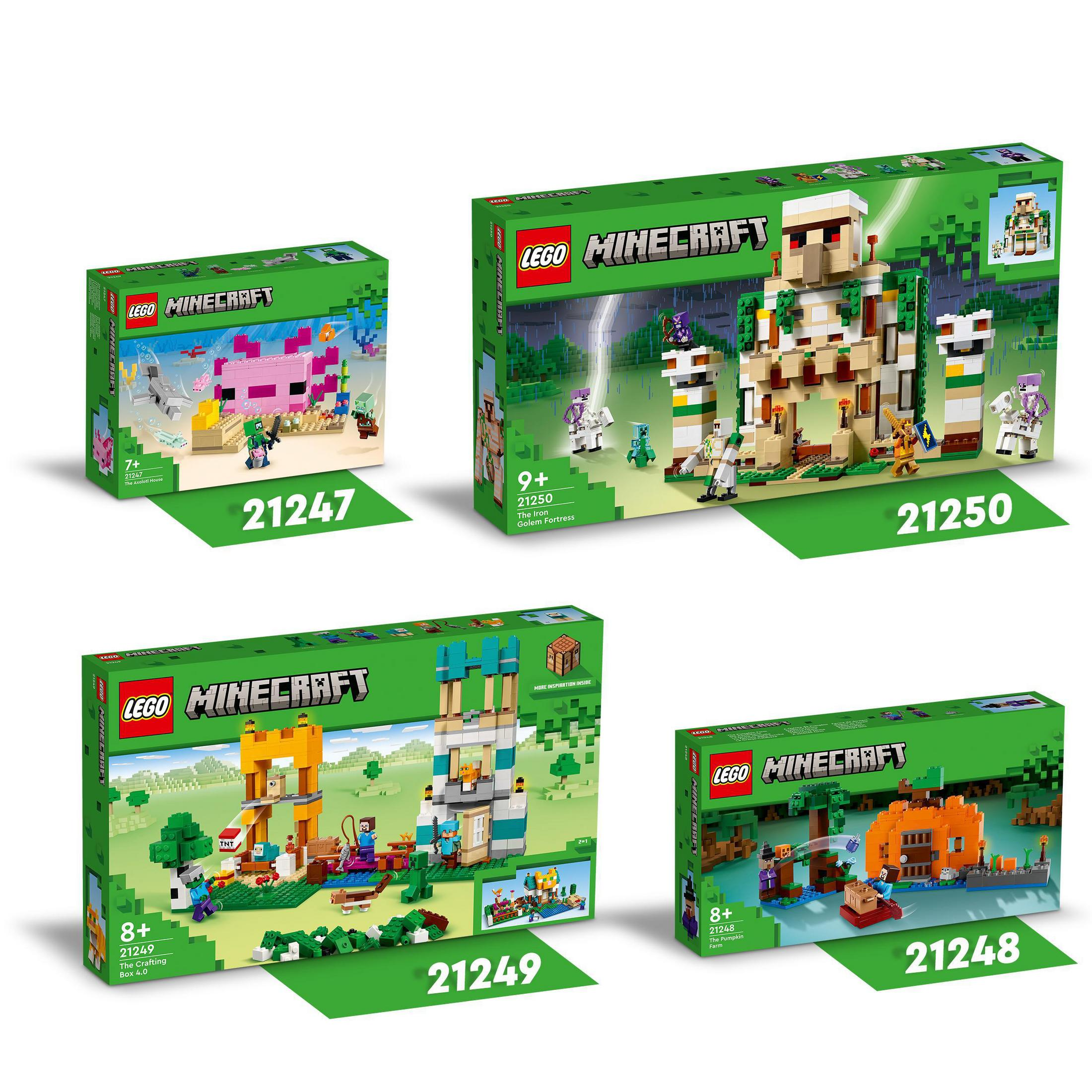 Vier Lego Minecraft-Boxen mit verschiedenen Sets, gekennzeichnet mit Alter und Setnummern.