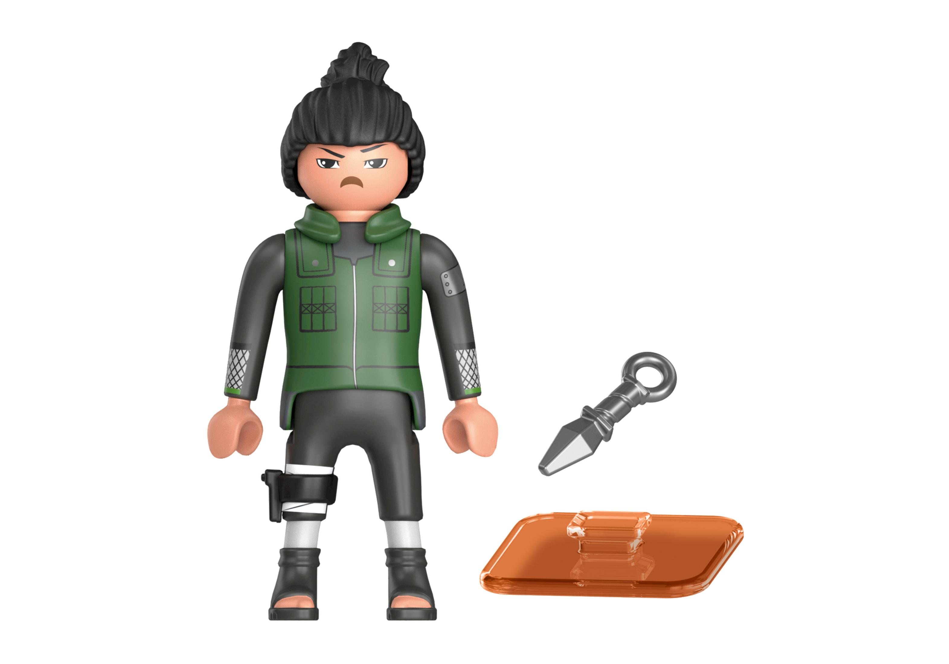 Eine Playmobil-Figur eines Ninjas mit einer Waffe und Zubehör.
