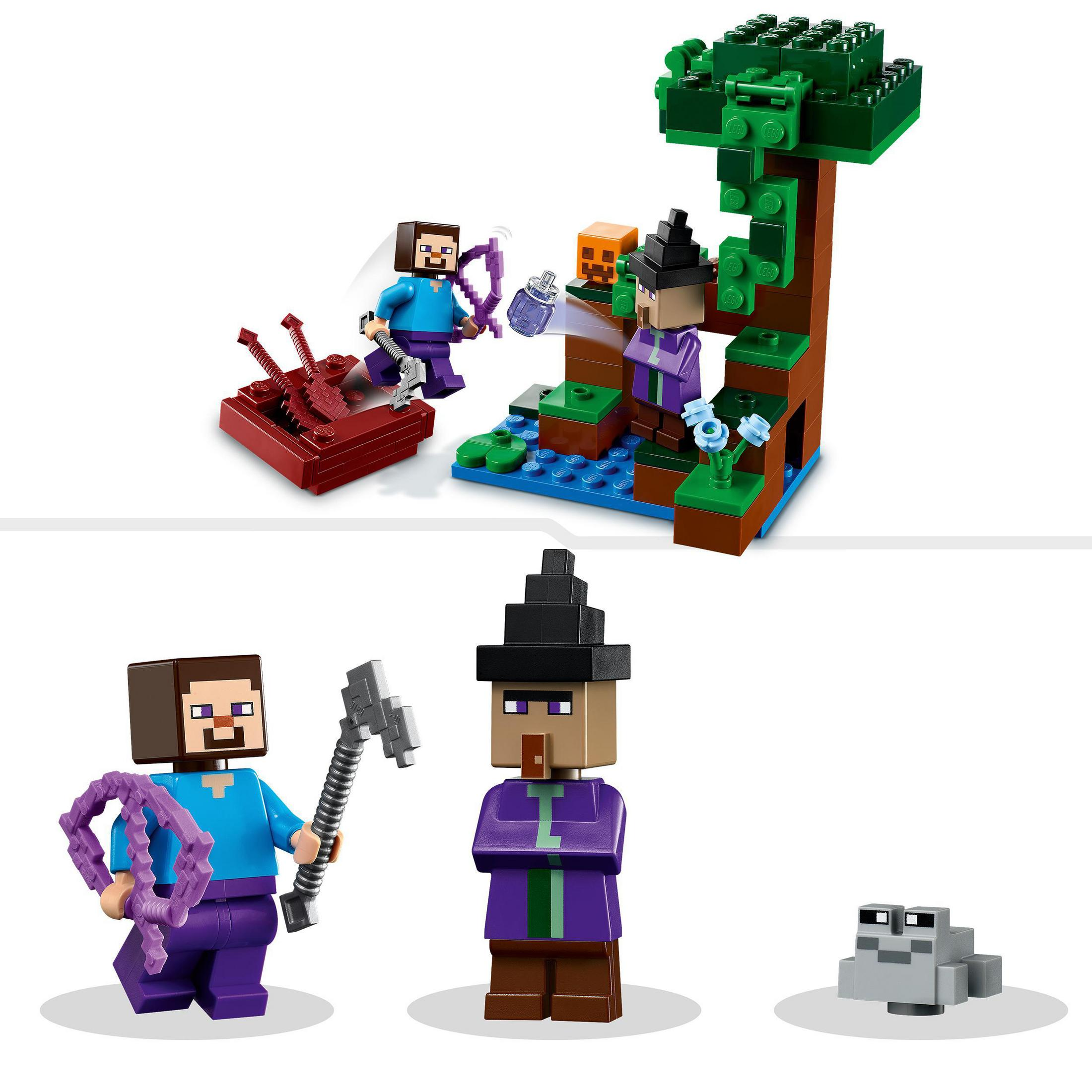 Lego Minecraft set met Steve, een heks en een kikker. De scène speelt zich buiten af.