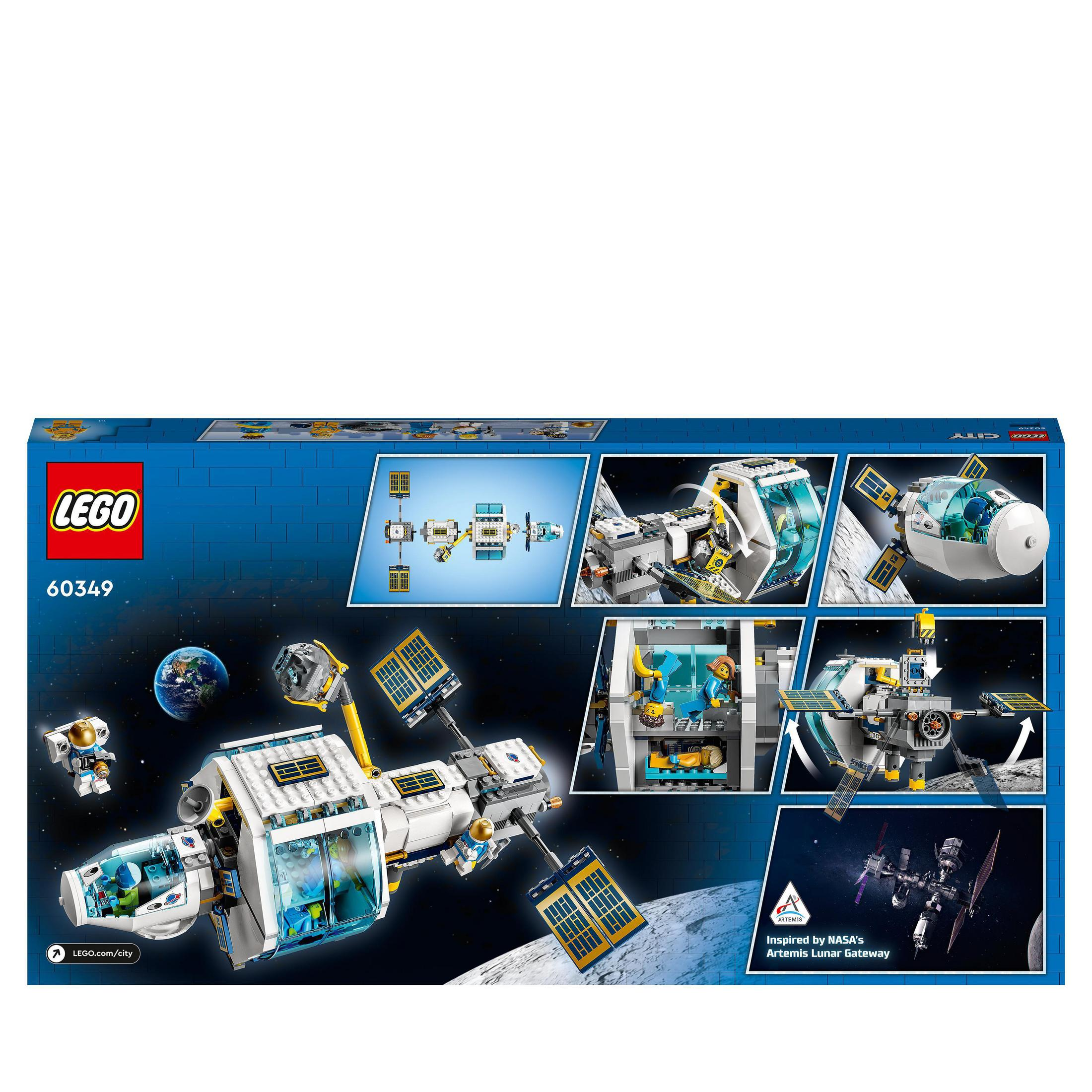 Karton mit LEGO-Raumstations-Set, das die Station, die Erde und Astronautenfiguren zeigt.