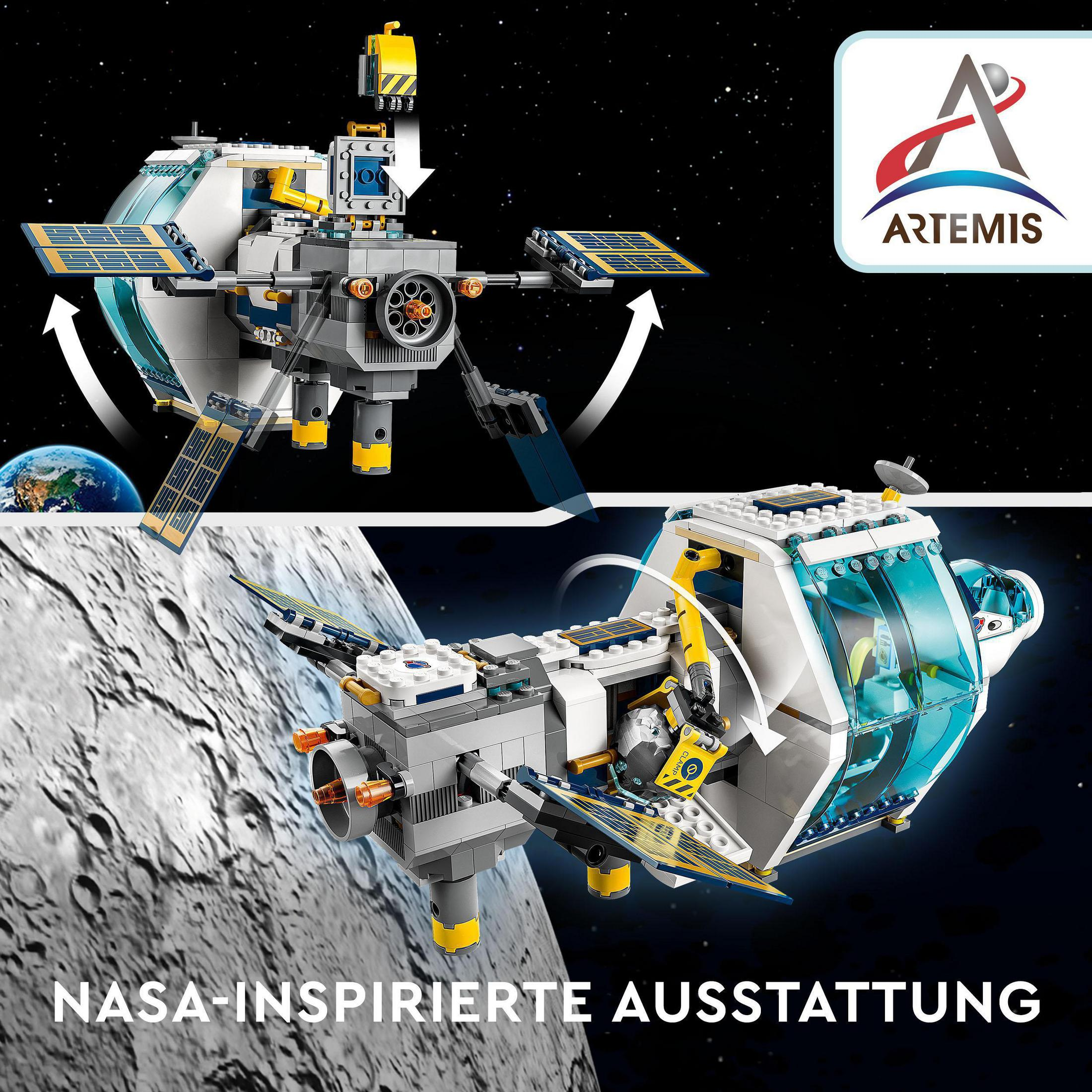 Lego-Set einer Raumstation und eines Shuttles mit dem Artemis-Logo. Vor einem sternenklaren Hintergrund.