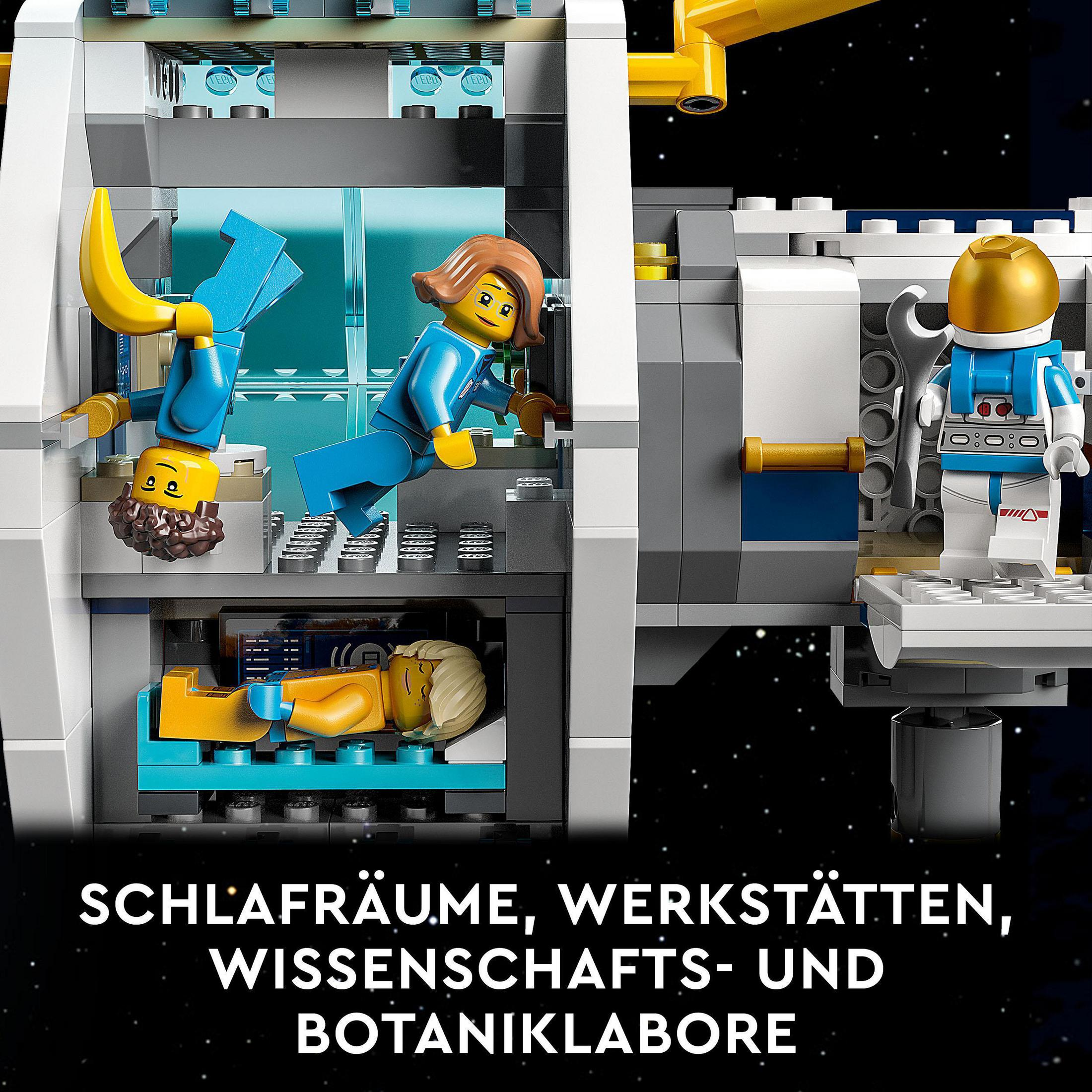 LEGO-Set mit Astronauten im Inneren einer Raumstation mit deutschem Text.