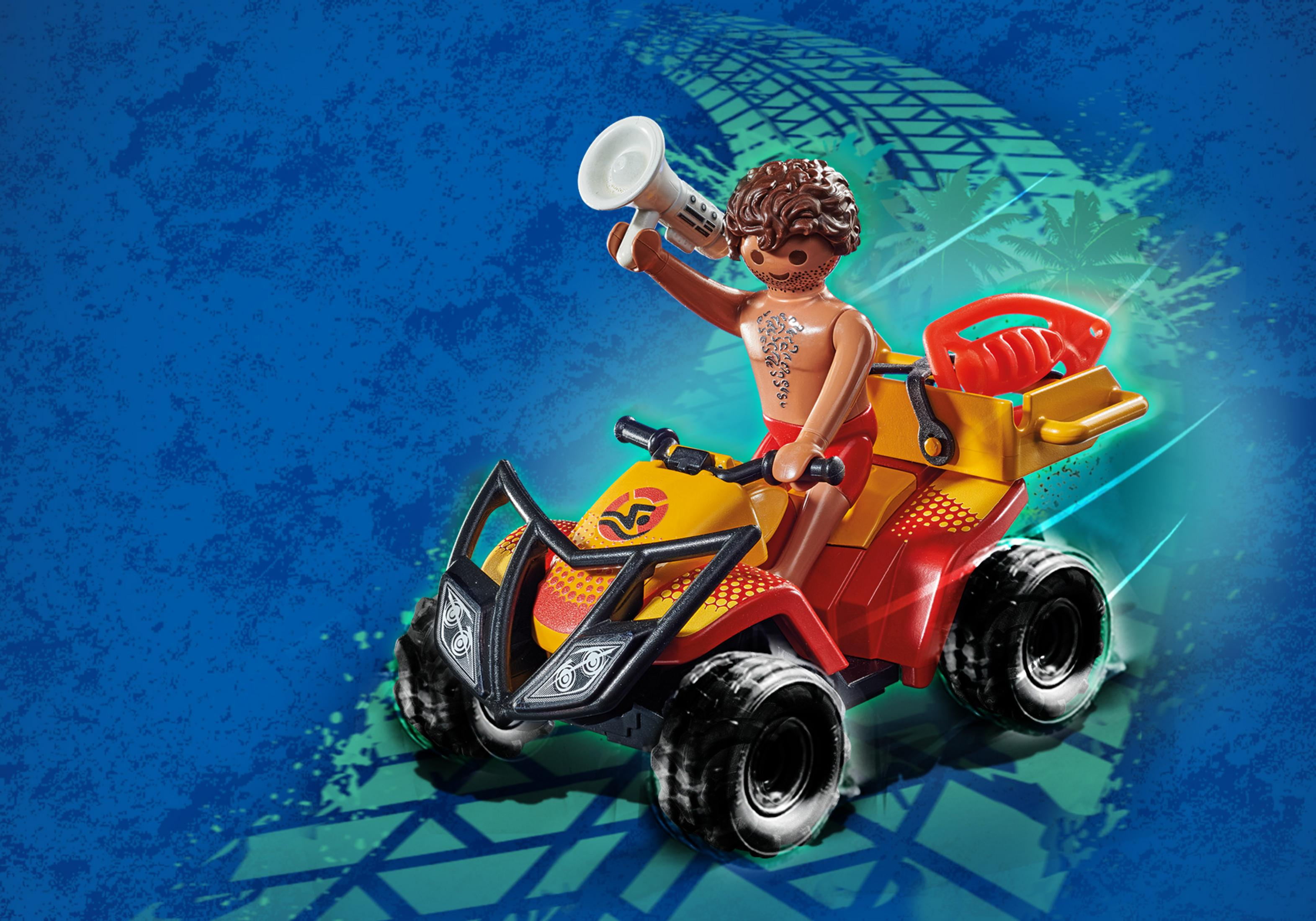 Eine Playmobil-Figur auf einem ATV. Der Hintergrund ist ein blauer Farbverlauf mit weißen Linien.