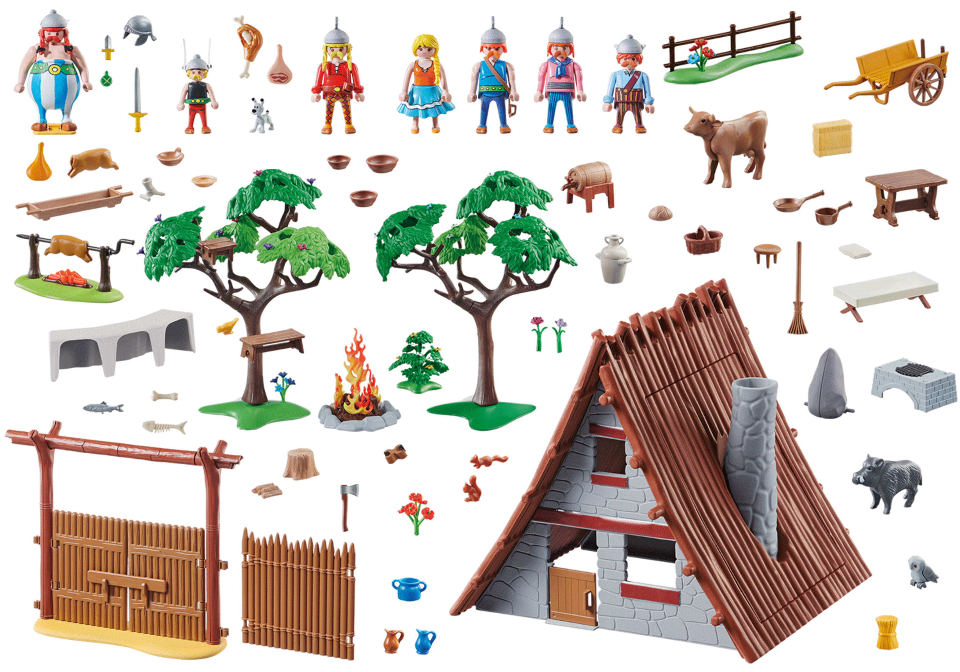 Playmobil Wikinger-Set mit Figuren, Haus und Zubehör auf weißem Hintergrund. Viele kleine Gegenstände.