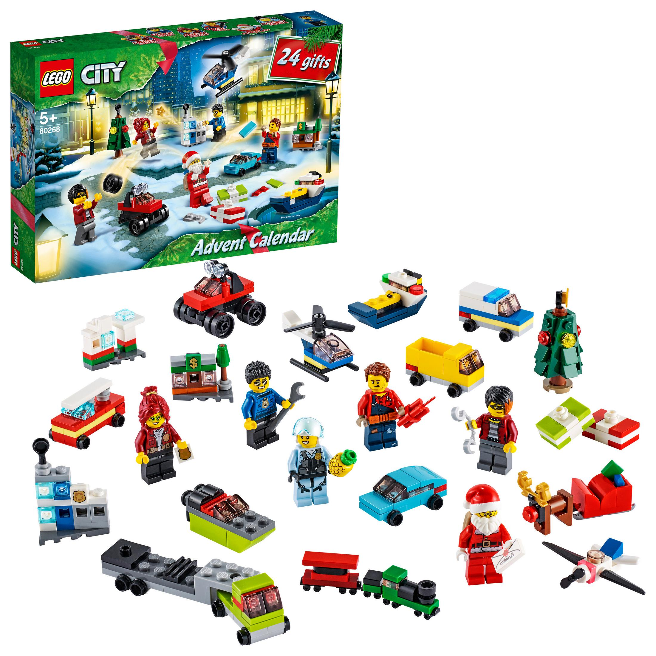 Lego City Adventskalender mit 24 Geschenken, mit Minifiguren und Fahrzeugen.