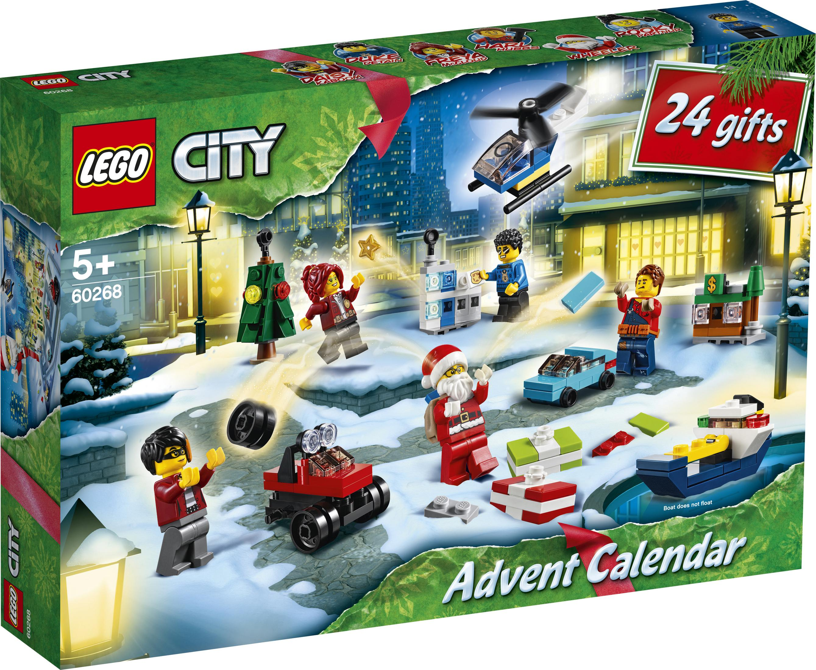 Lego City Adventskalender-Box. Enthält 24 Geschenke mit Lego-Figuren und Stadteinstellungen.