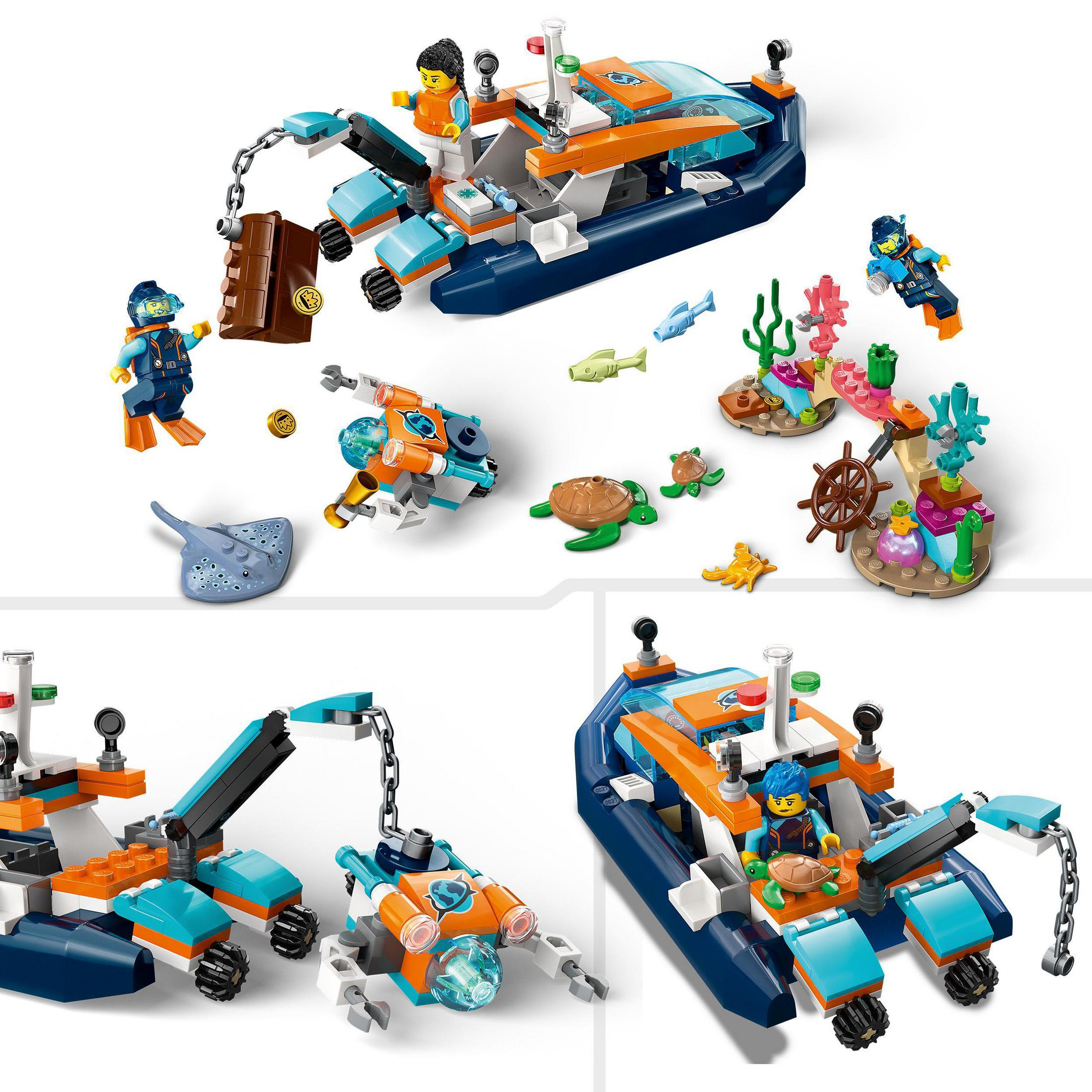 Set Lego con barca, subacquei e vita marina. Include una barca con personaggi e creature marine.