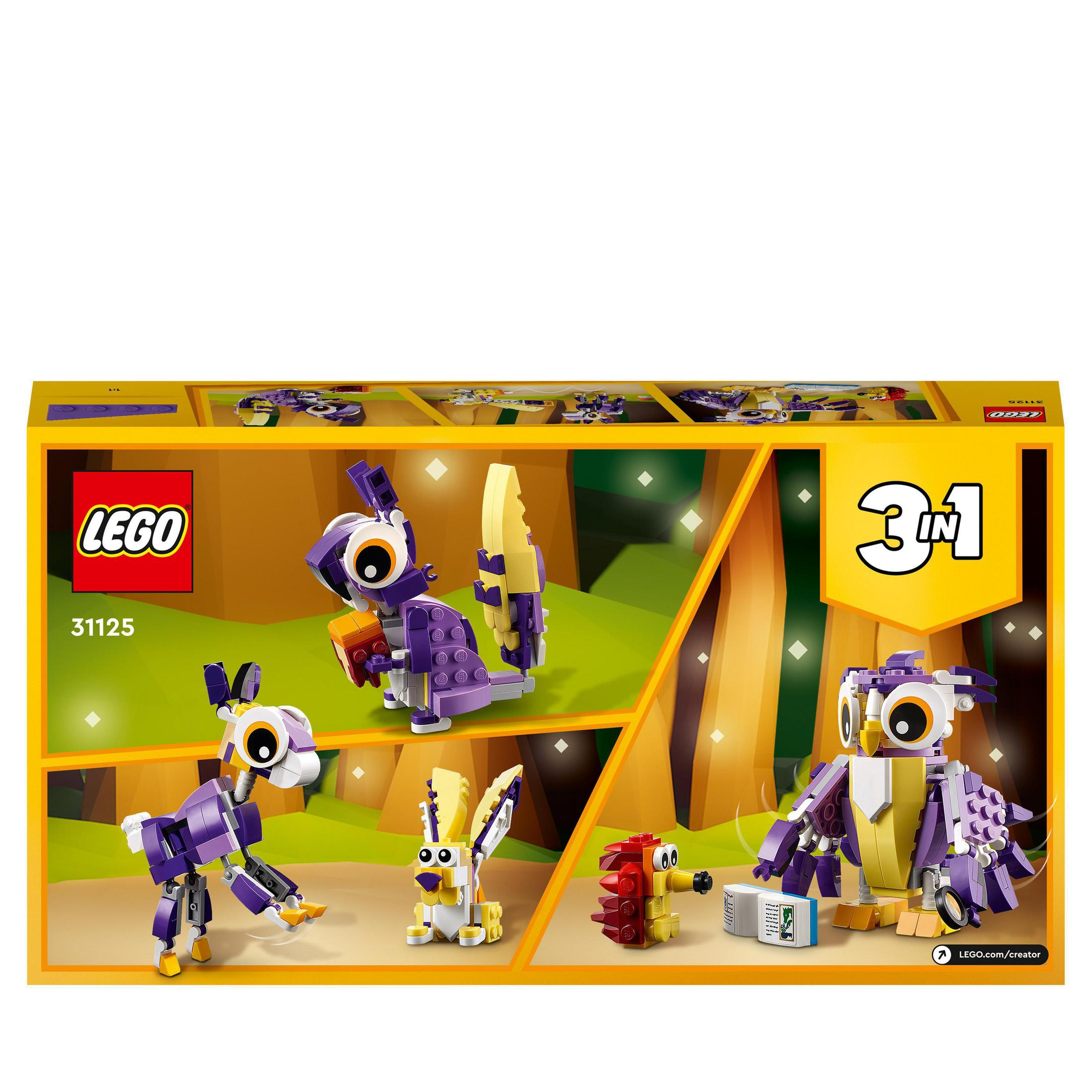 Caja LEGO Creator 3 en 1 con tres modelos de animales: ardilla, conejo y búho.