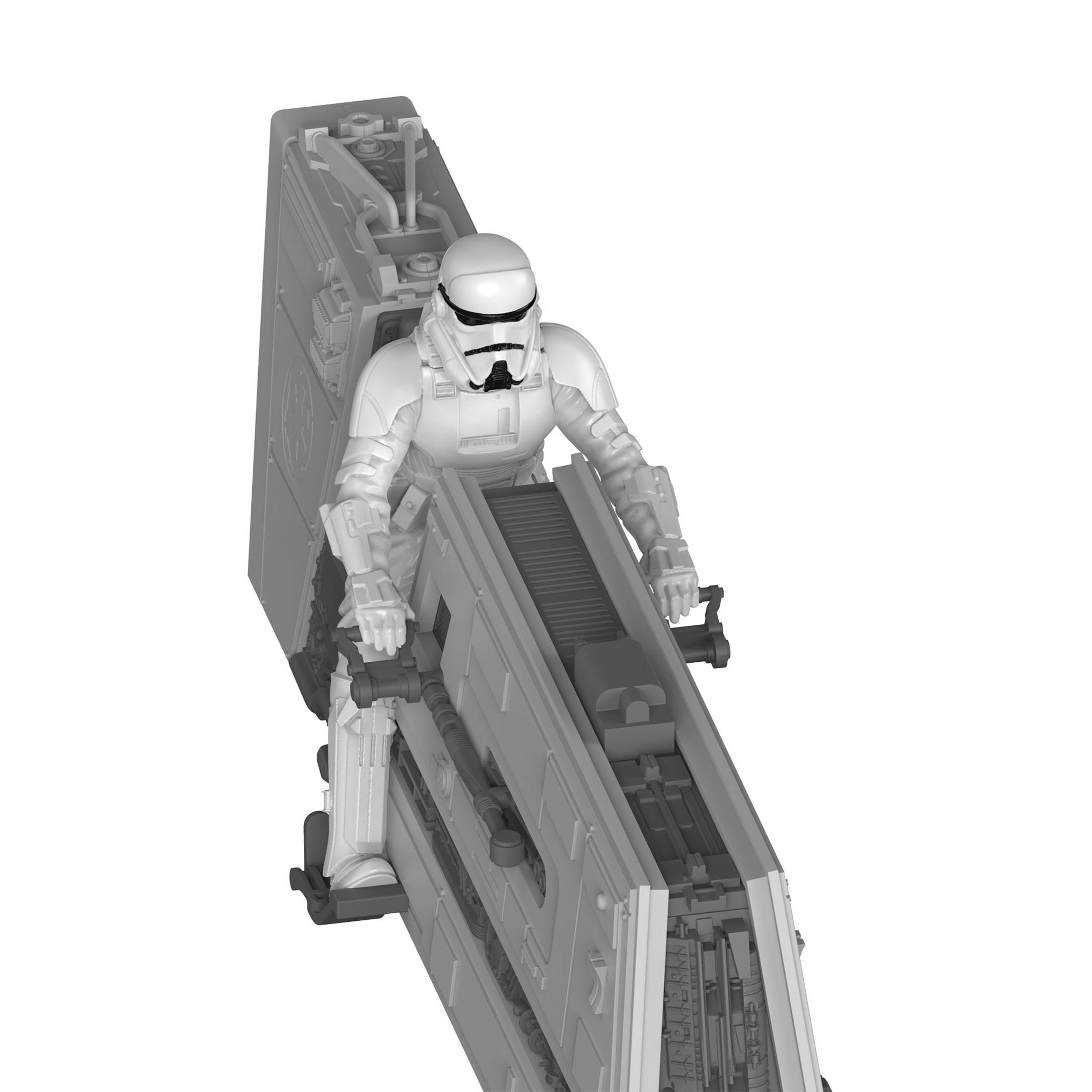 Eine Star Wars First Order Stormtrooper Figur, die ein graues Fahrzeug fährt. Weiße Rüstung und Helm.