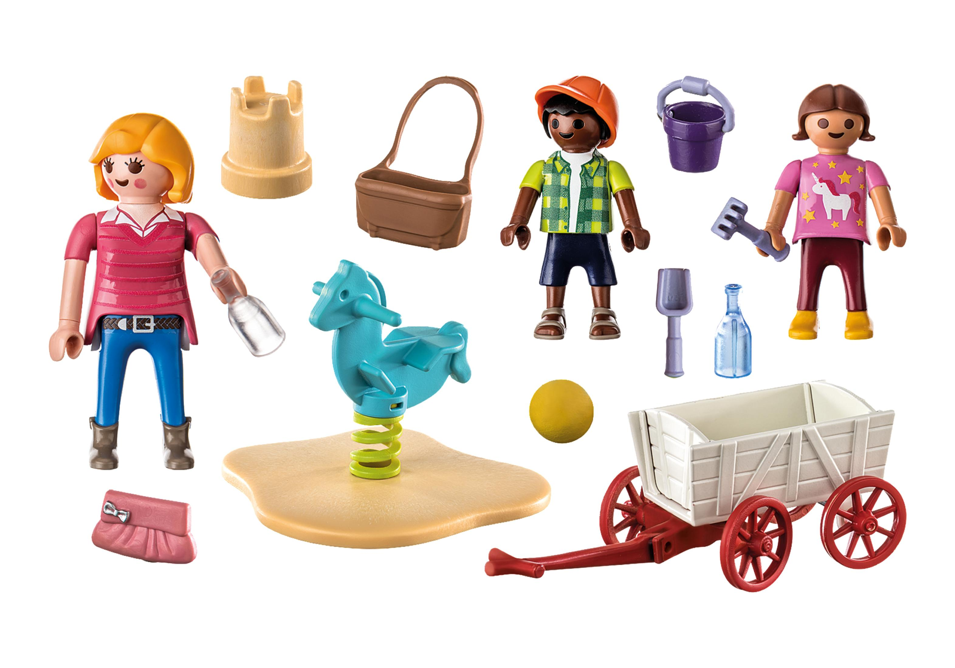 Playmobil-Spielzeug: Figuren, Zubehör und eine Spielplatzszene mit Sand, Pferd und Wagen.