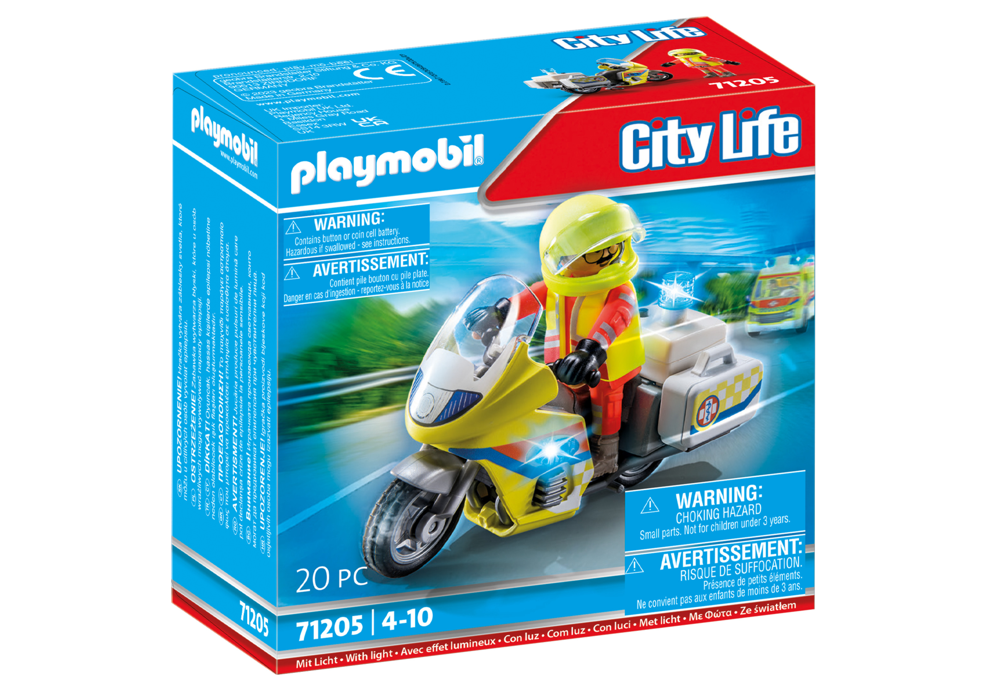 Set Playmobil City Life. Include moto gialla, personaggio e etichette di avvertimento.