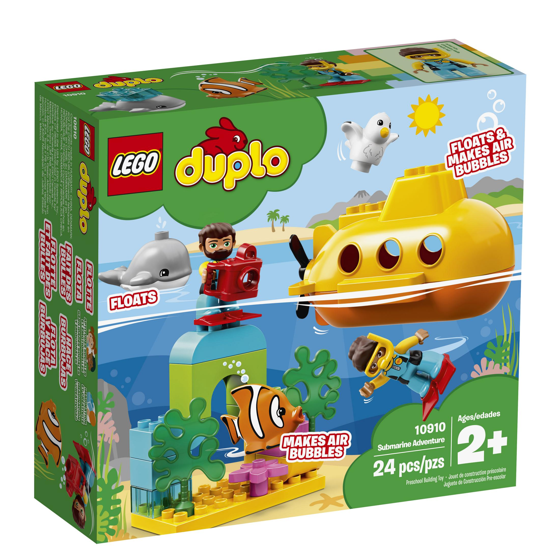 LEGO Duplo Set-Box mit gelbem U-Boot, Figuren und Elementen der Unterwasserwelt.