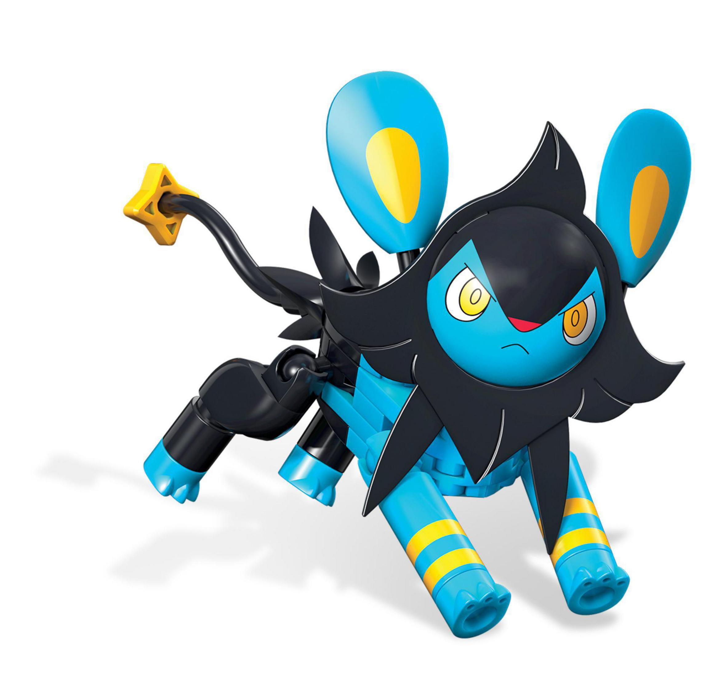 Ein blau-schwarzes Luxray-Spielzeug steht auf einer weißen Oberfläche.
