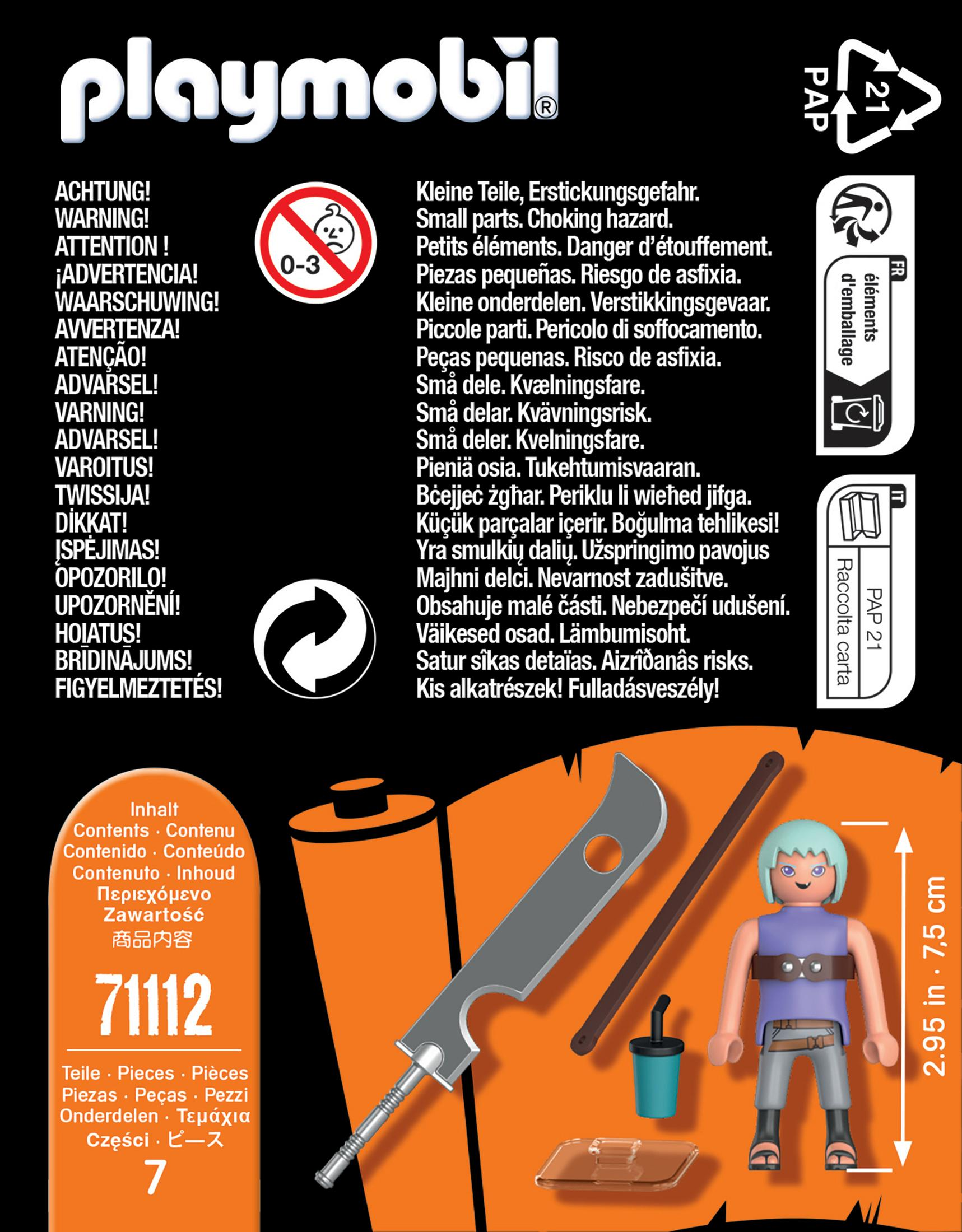 Playmobil-Set-Box mit Anweisungen und einer Figur mit Schwert und Zubehör. Warnhinweise sind sichtbar.