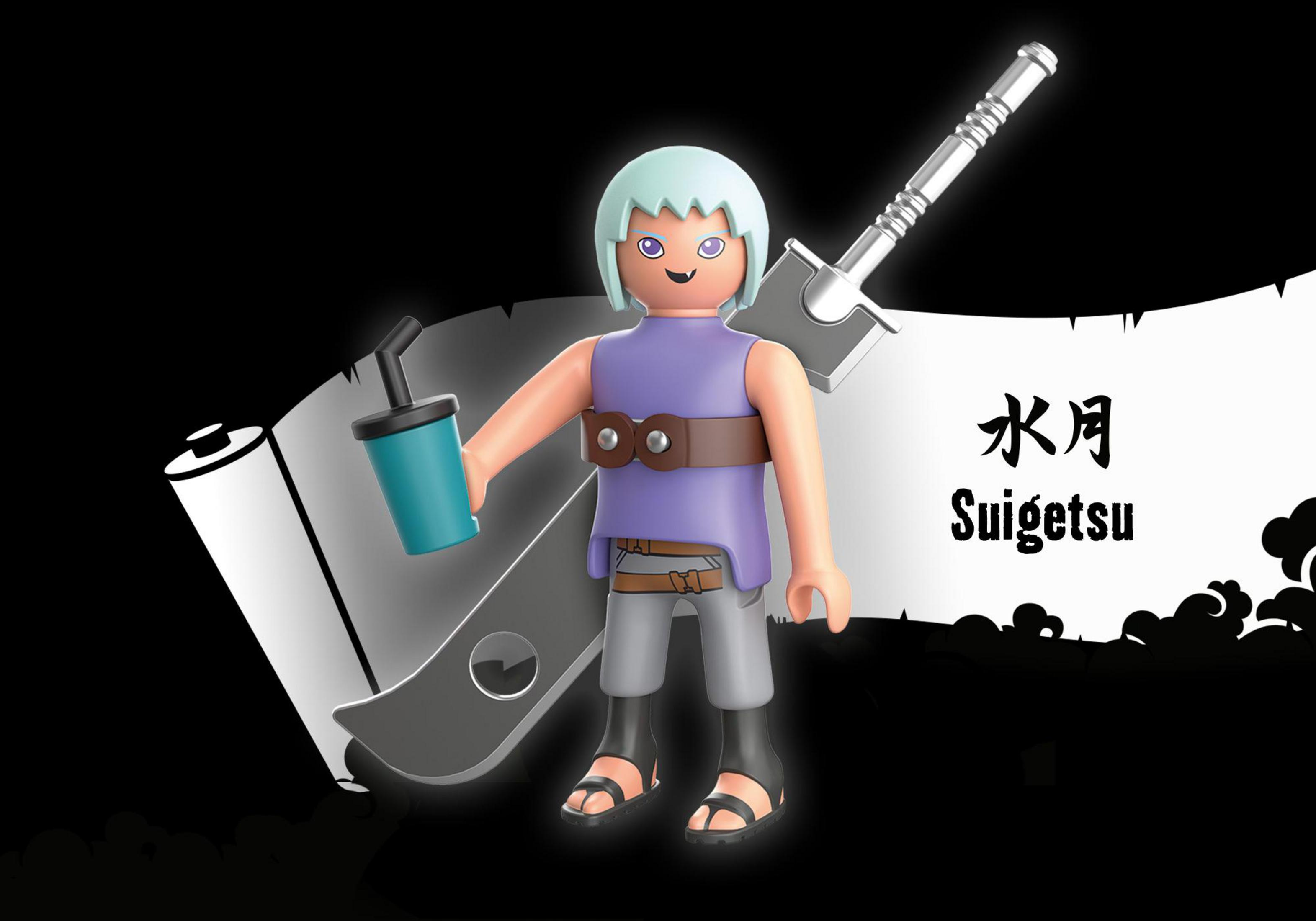 Playmobil Suigetsu Figur mit Schwert und Getränk. Er hat hellblaues Haar und ist auf schwarzem Hintergrund.