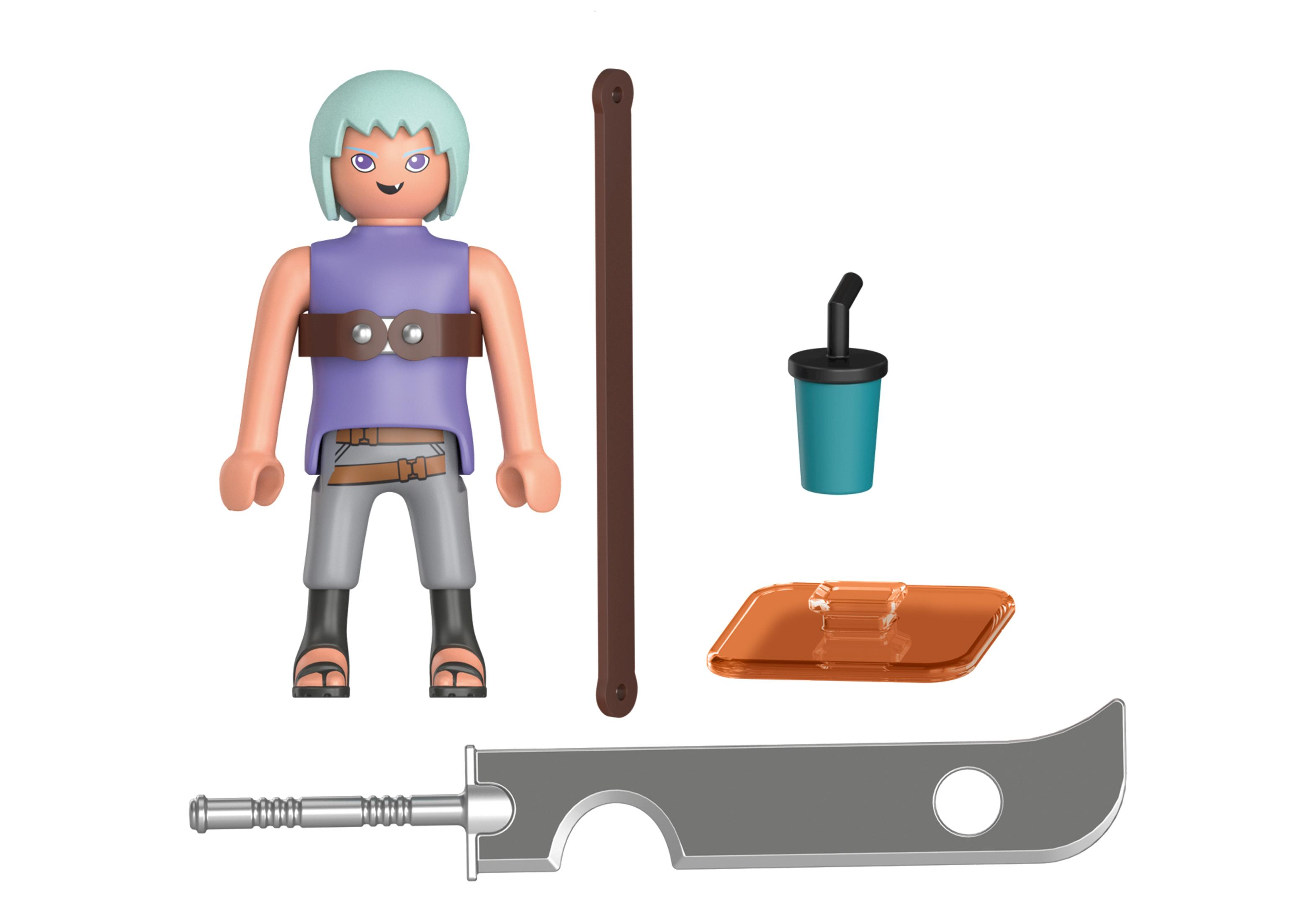 Eine Playmobil-Figur einer Zeichentrickfigur mit Zubehör wie Schwert und Getränk.
