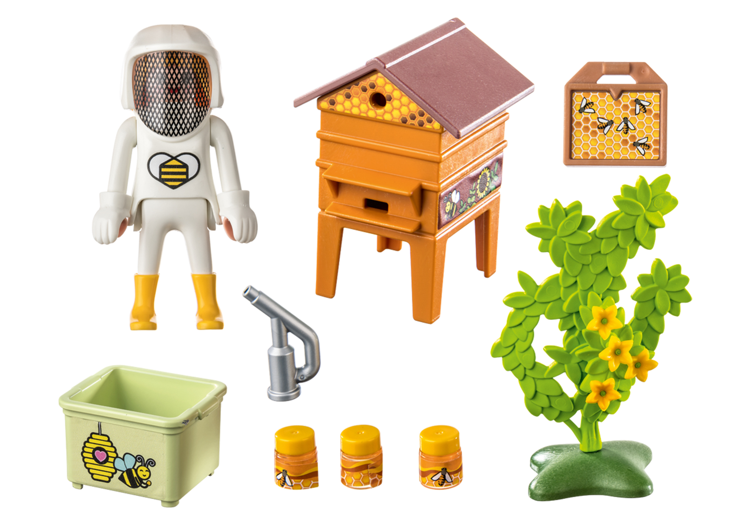 Ein Playmobil Imker-Set mit einer Imkerfigur, Bienenstock und zugehörigen Artikeln.